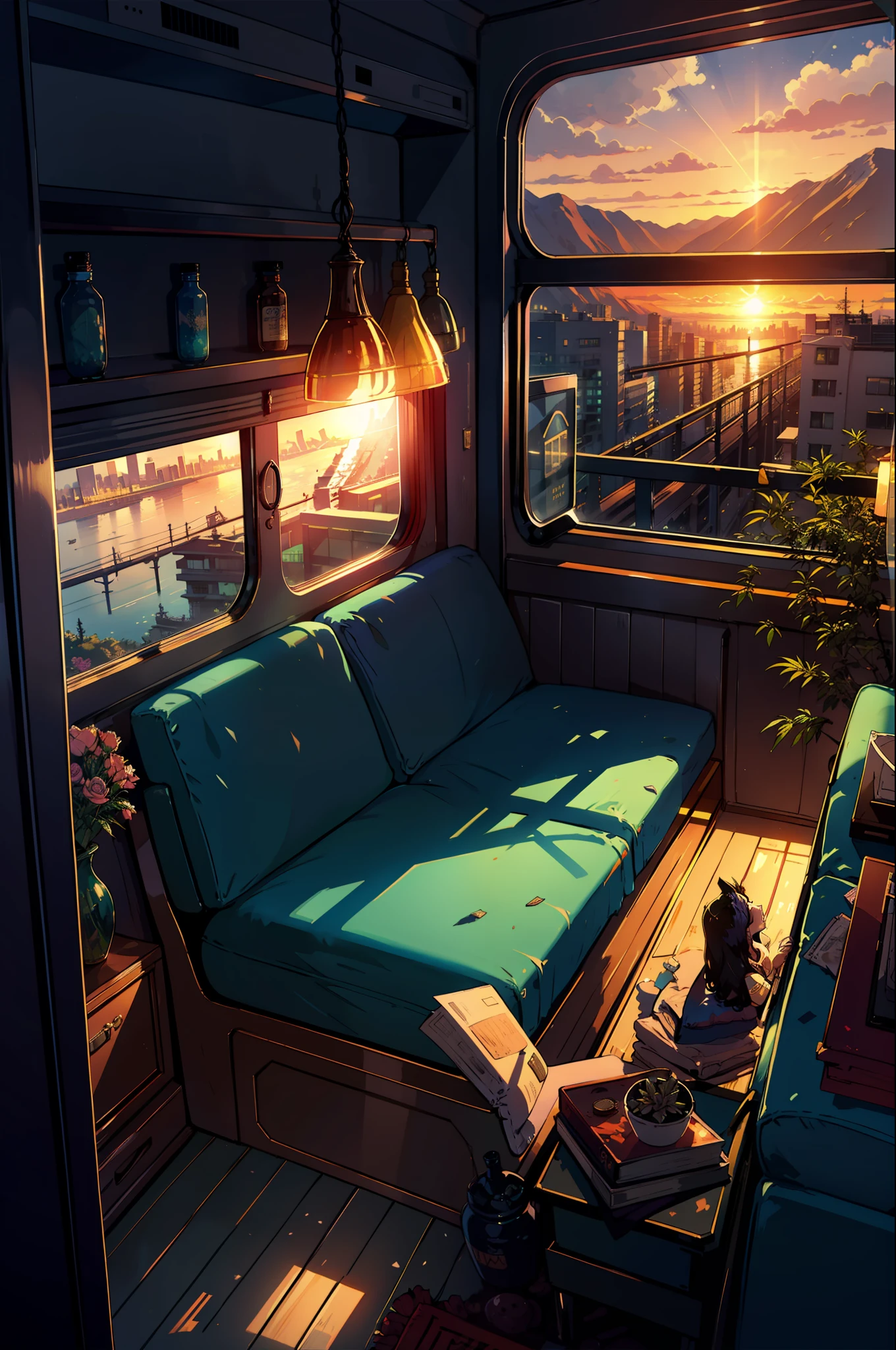 masterpiece, high quality, train, train compartment, exquisite interior, window view, bridge, sea, mountains, sunset, city, neon light, night, bed, sofa, pillows, sconces, flowers, hemp, smoking marijuana