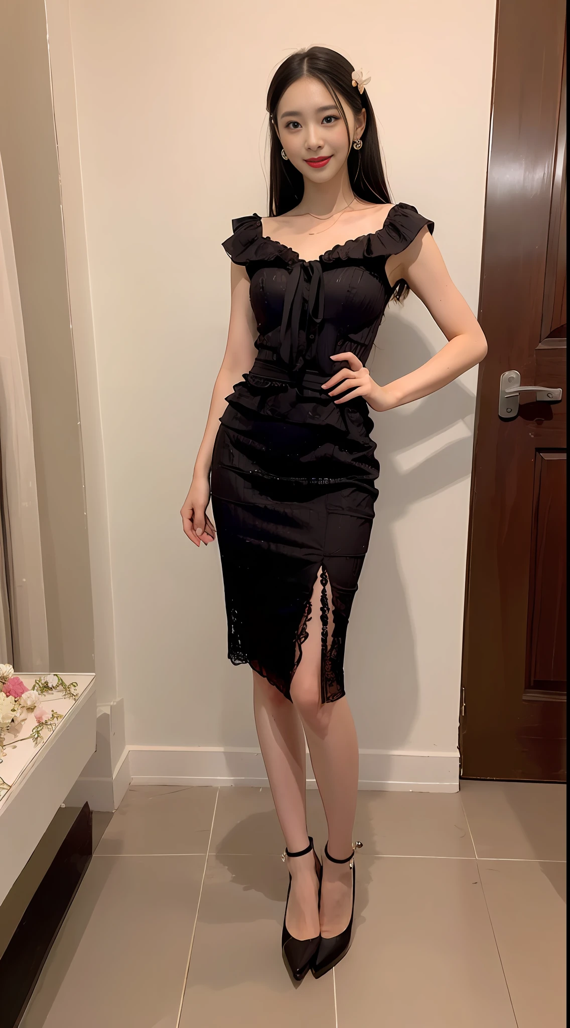 ((Best Quality, 8K, Masterpiece: 1.3)), 1 girl, smile, full body, slim face, a dress in Chinese style, lace elements at the neckline and cuffs (irregular ruffles at the skirt, dark pattern with traditional moire), (details such as pleats, embroidery, beads), silk, crepe, (knee-length or long), dress dress with bows or flowers at the waist or neckline