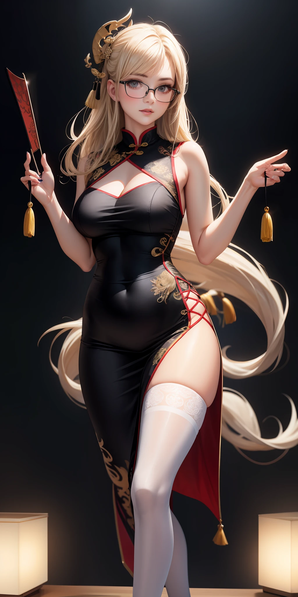 Realistic, 1girl, sexy body, sexy pose, sexy styling, sexy expression, delicate facial features, black glasses frames, beautiful eyes, light blonde hair, long hair, ultra-fine hair, floating hair, plump breasts, tight and upturned hips, black tight high-forked cheongsam, high-forked tight long skirt, embroidered gold lace, light-colored tight white stockings, black block heels, figure in the center of the frame, delicate five fingers, pale nails, open black fan in hand, fan with yellow tassels, Glowing eyes, cropped top, parted lips, blush, Chinese dragon element in the background