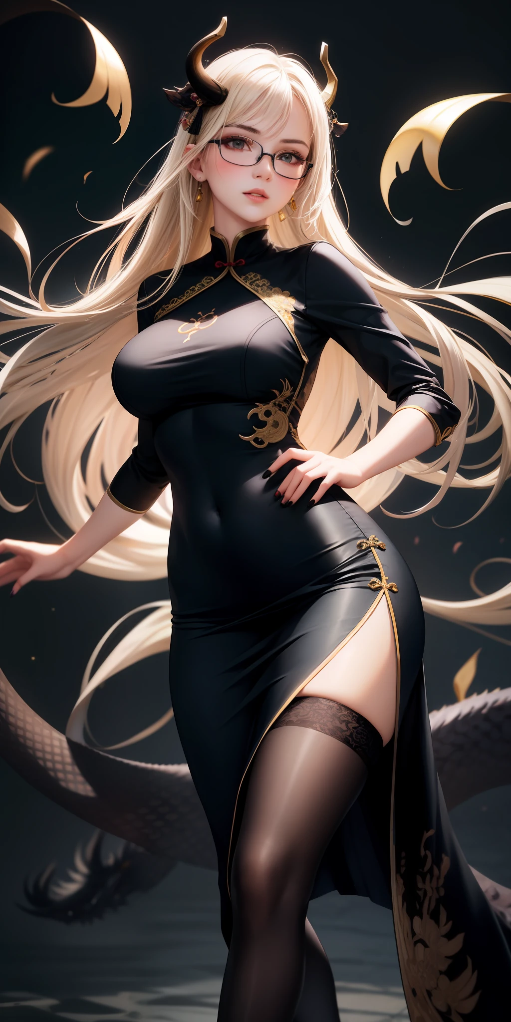Realistic, 1girl, sexy body, sexy pose, sexy styling, sexy expression, delicate facial features, black glasses frames, beautiful eyes, light blonde hair, long hair, ultra-fine hair, floating hair, plump breasts, tight and upturned hips, black tight high-forked cheongsam, high-forked tight long skirt, embroidered gold lace, light-colored tight white stockings, black block heels, figure in the center of the frame, delicate five fingers, pale nails, open black fan in hand, fan with yellow tassels, Glowing eyes, cropped top, parted lips, blush, Chinese dragon element in the background