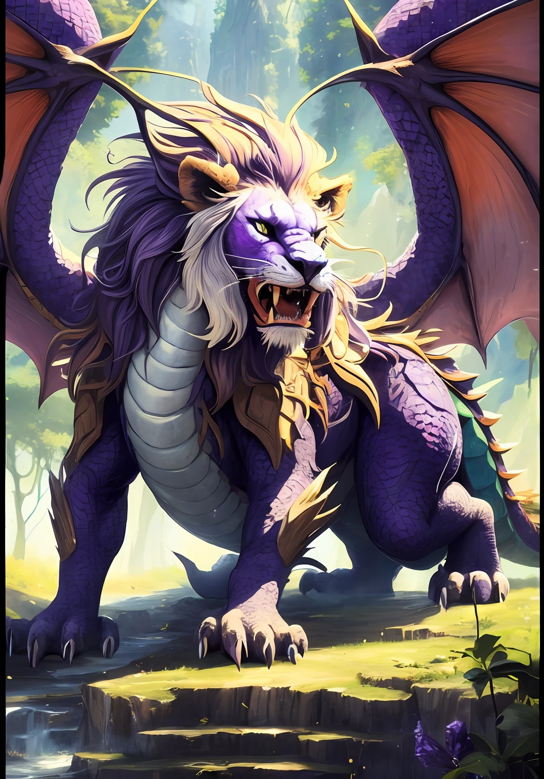 Purple lion with wings unfolding in forest on the mountain, amethyst world, masterpiece, best quality, super high quality, absurd detail, best light, best shadow, sharp, clear image, detailed, very detailed, high resolution, 8K, 4K, UHD, ray tracing, (beautiful effects), (detailed dragon), detailed armor, (purple crystal)