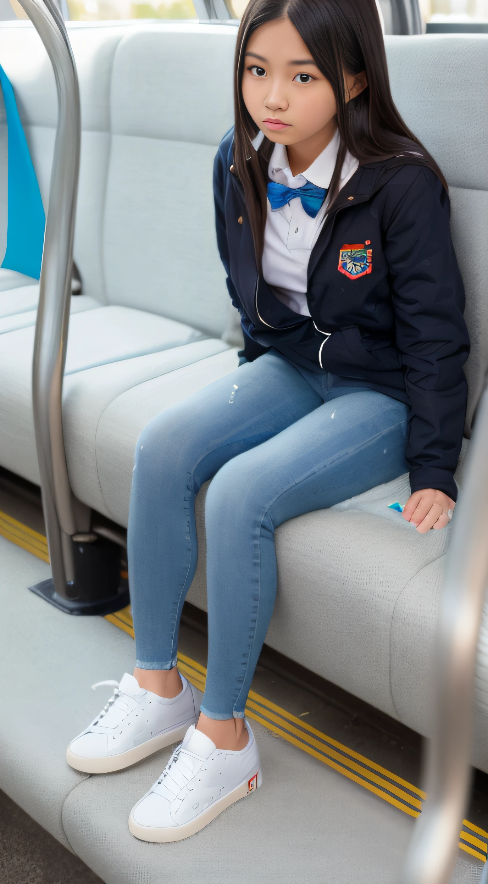 A girl wearing a soaked school uniform, blue skinny jeans, sneakers sits on a bus