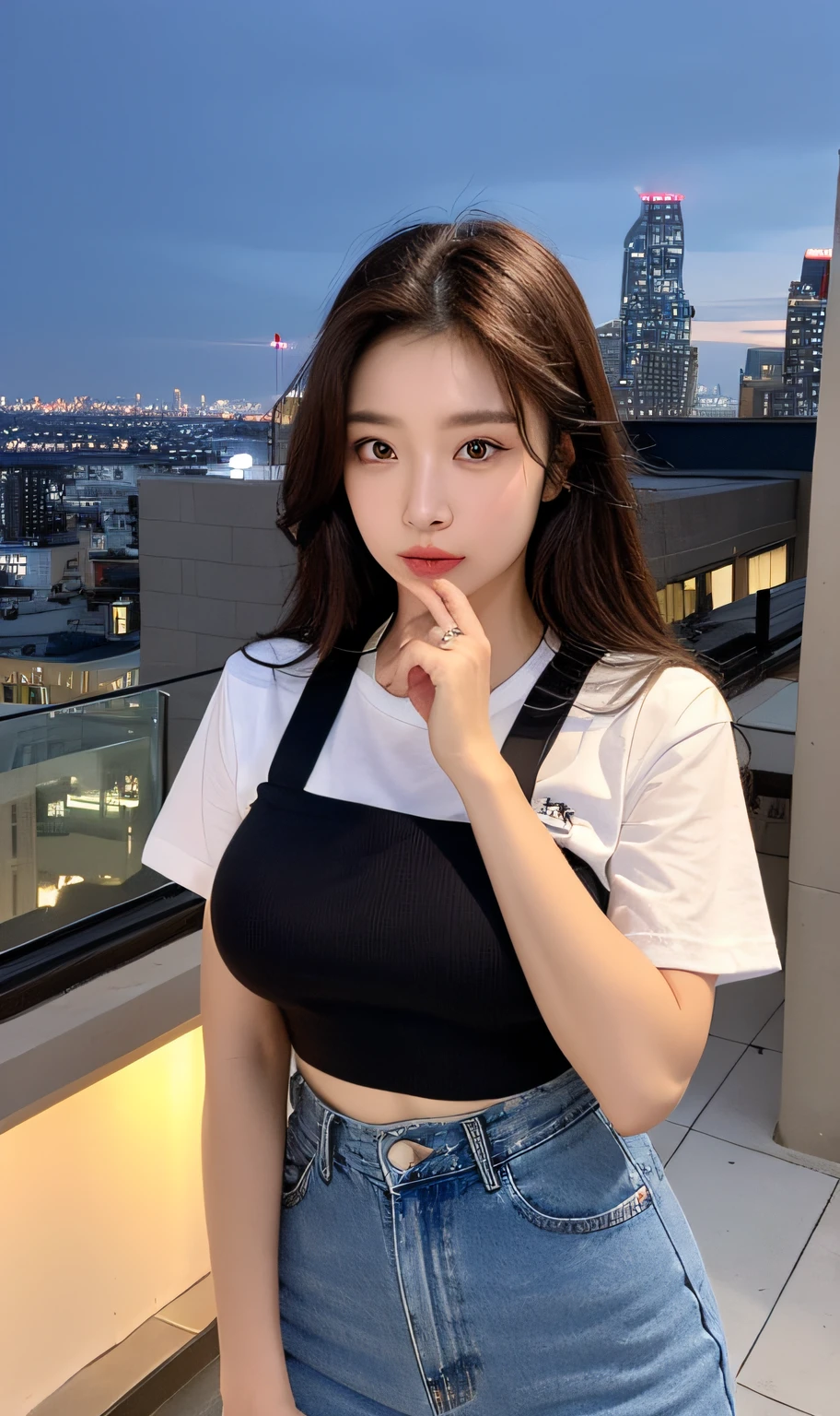((Midnight, Best quality, 8k, Masterpiece :1.3)), Whole body, Long legs, Sharp focus :1.2, A pretty woman with perfect figure :1.4, Slender abs :1.1, ((Dark brown hair, Big breasts :1.2)), (White tight tshirt, Jean bib, Standing:1.2), ((Night city view, Rooftop:1.3)), Highly detailed face and skin texture, Detailed eyes, Double eyelid