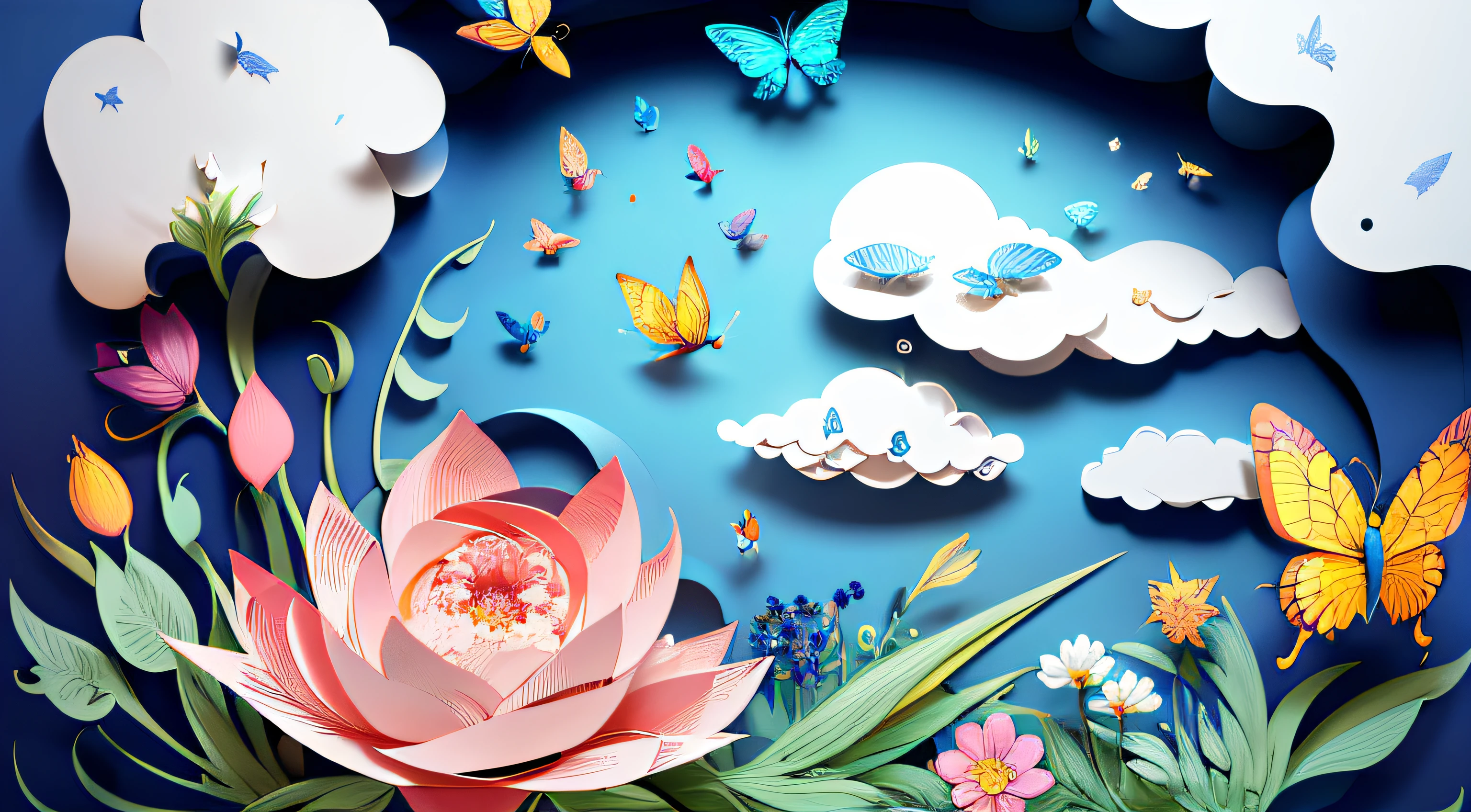 Realistic, (best quality, masterpiece: 1.3), illustration, large butterfly in center, floating in clouds, cloudy sky, paper_cut, pattern, 8k, pastel background