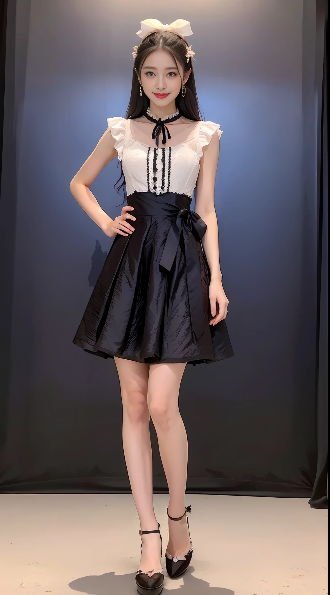 ((Best Quality, 8K, Masterpiece: 1.3)), 1 girl, smile, full body, slim face, a dress in Chinese style, lace elements at the neckline and cuffs (irregular ruffles at the skirt, dark pattern with traditional moire), (details such as pleats, embroidery, beads), silk, crepe, (knee-length or long), dress dress with bows or flowers at the waist or neckline