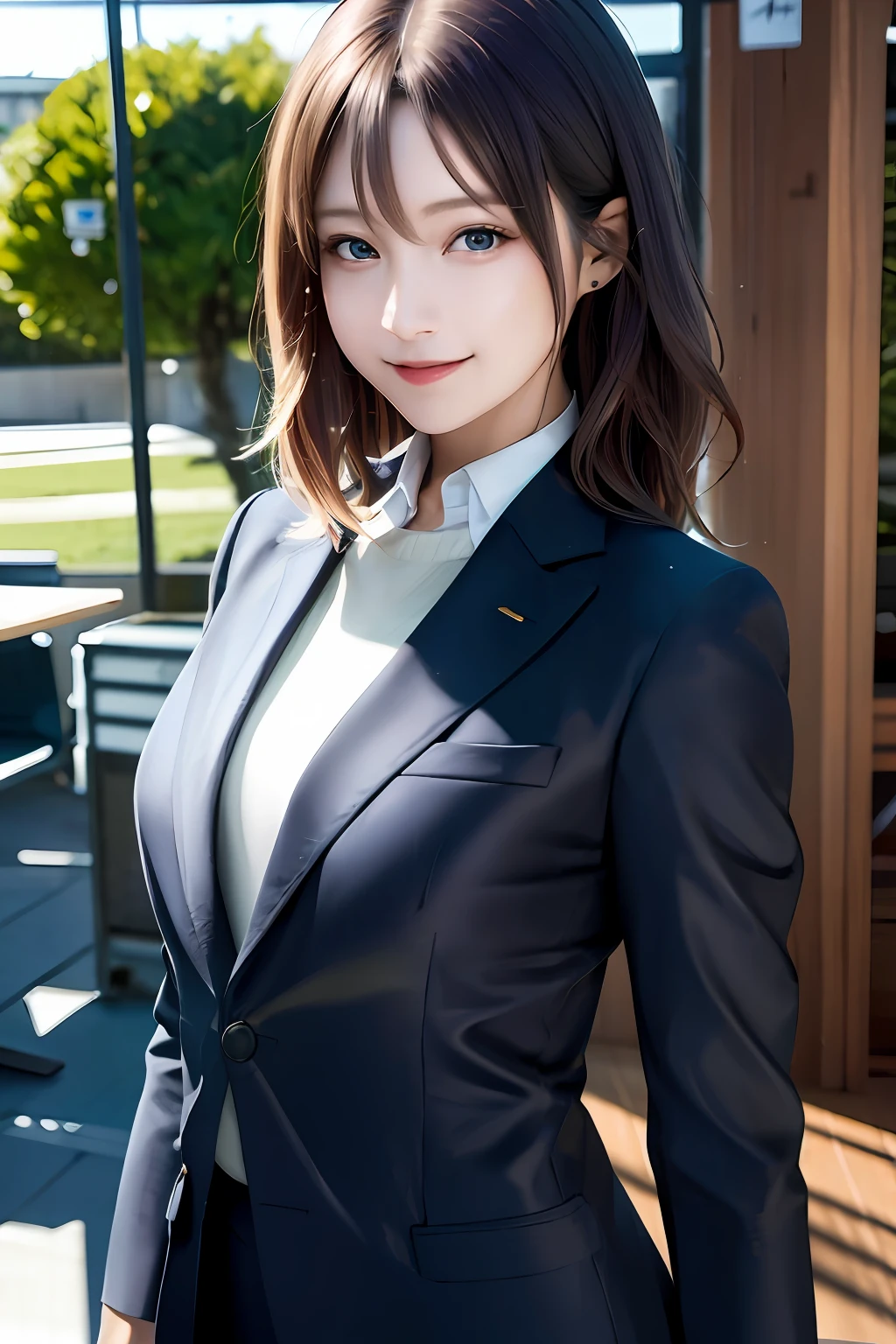 (8k, RAW photo, super high resolution, best quality, masterpiece: 1.2), (realistic illustration), (extremely detailed CG Unity 8k wallpaper), ridiculous, 1 girl, 21 years old, beautiful face, medium breasts, black medium hair, smile, tilted head, smile, upper body, slim pants, gray custom jacket, office, upper body, Nogizaka アイドル, actress, Korean country アイドル