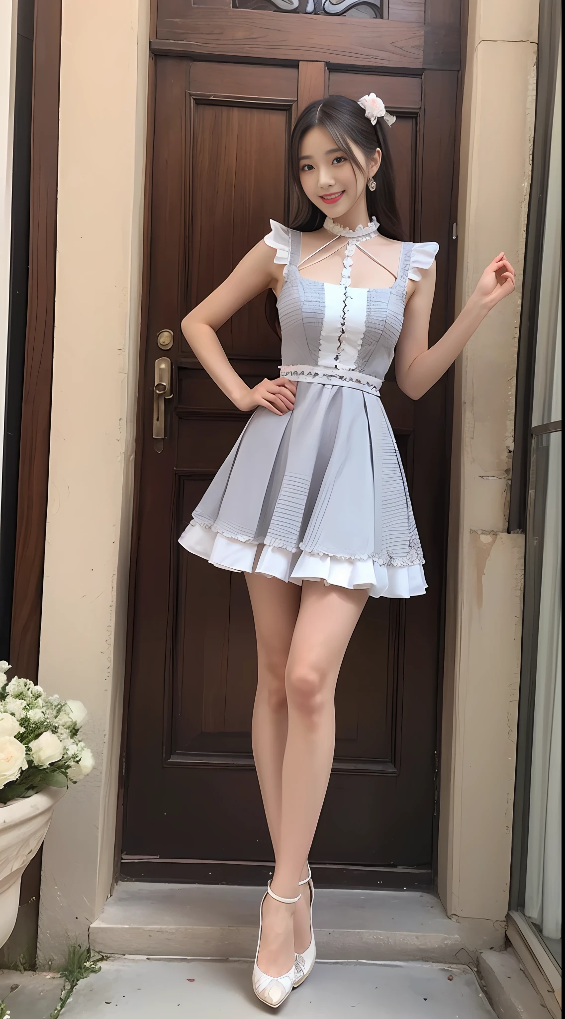 ((Best Quality, 8K, Masterpiece: 1.3)), 1 girl, smile, full body, slim face, a dress in Chinese style, lace elements at the neckline and cuffs (irregular ruffles at the skirt, dark pattern with traditional moire), (details such as pleats, embroidery, beads), silk, crepe, (knee-length or long), dress dress with bows or flowers at the waist or neckline
