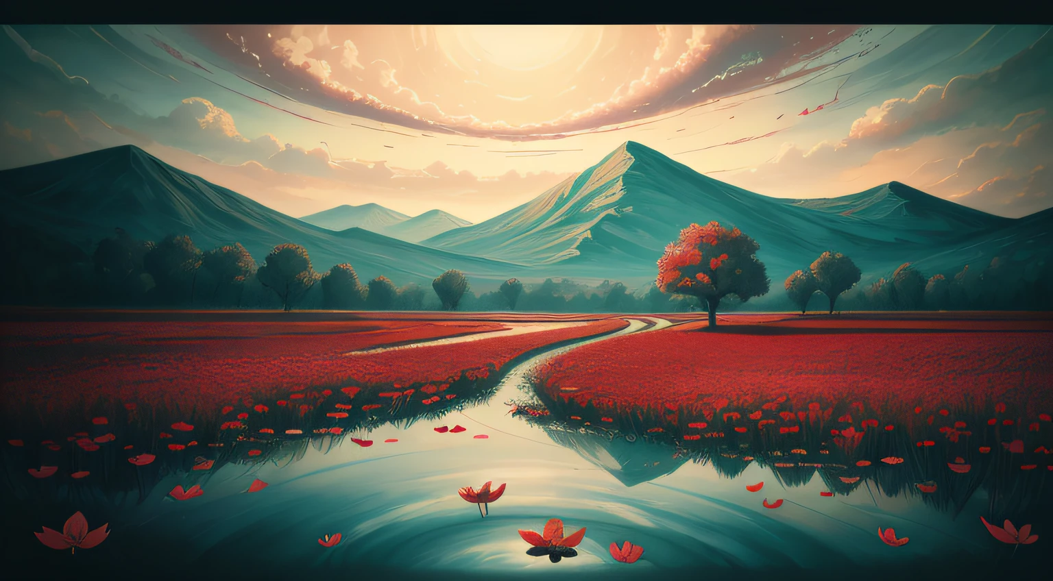 I can't remember the feeling of the beginning
The landscape painting depicted is a devil that deceives angels
Eventually, even the hot heartbeat and lies will end
Counting on my fingers, the last time of freedom
Baring my teeth and howling, just flowing people
The abyss reflected in the water surface
Because it sways and disappears with withered leaves
Because it fades in the waves
Is there a nostalgic memory at the destination led to?
The scars that can boast of time
Blossom vividly and unhealed in red
In the same time, blooming vividly,
abstract landscape,
(best quality:1.3), (highres:1),