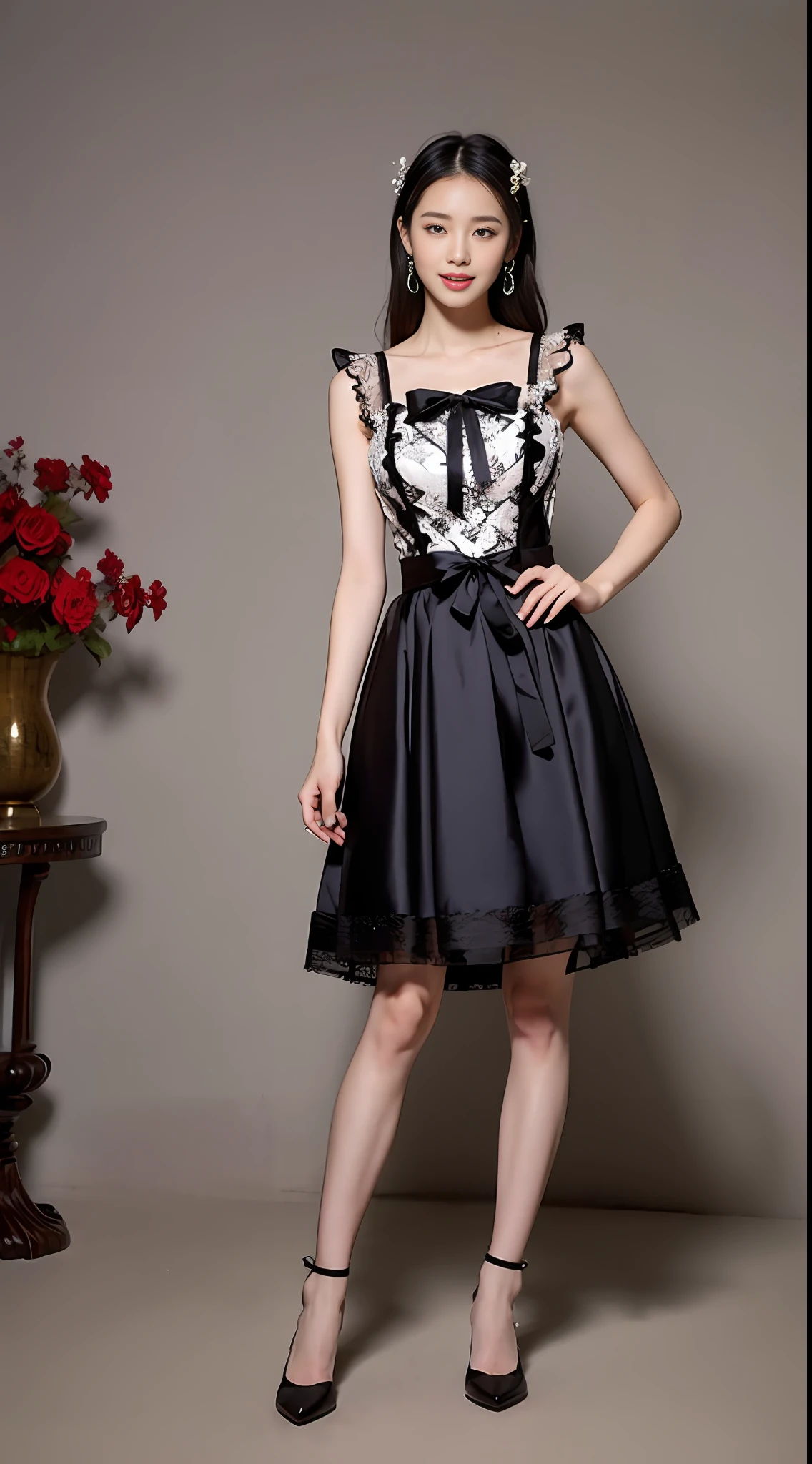 ((Best Quality, 8K, Masterpiece: 1.3)), 1 girl, smile, full body, slim face, a dress in Chinese style, lace elements at the neckline and cuffs (irregular ruffles at the skirt, dark pattern with traditional moire), (details such as pleats, embroidery, beads), silk, crepe, (knee-length or long), dress dress with bows or flowers at the waist or neckline