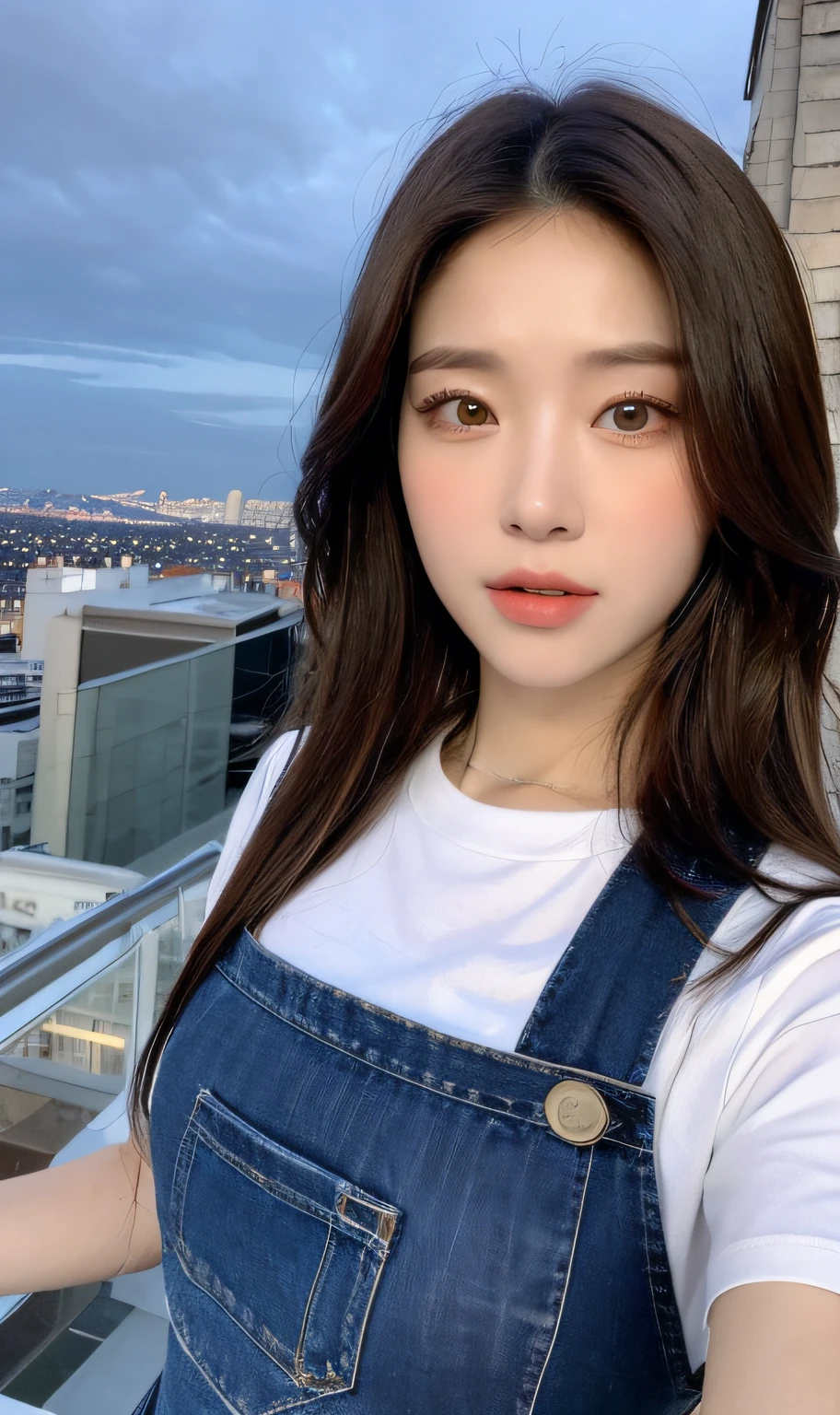 ((Midnight, Best quality, 8k, Masterpiece :1.3)), Whole body, Long legs, Sharp focus :1.2, A pretty woman with perfect figure :1.4, Slender abs :1.1, ((Dark brown hair, Big breasts :1.2)), (White tight tshirt, Jean bib, Standing:1.2), ((Night city view, Rooftop:1.3)), Highly detailed face and skin texture, Detailed eyes, Double eyelid