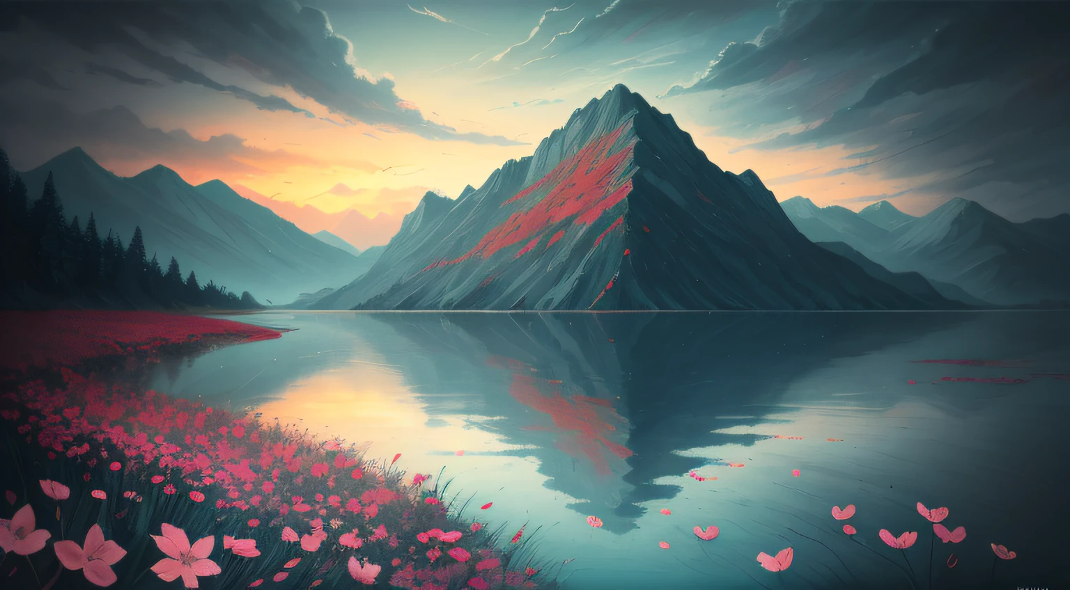 I can't remember the feeling of the beginning
The landscape painting depicted is a devil that deceives angels
Eventually, even the hot heartbeat and lies will end
Counting on my fingers, the last time of freedom
Baring my teeth and howling, just flowing people
The abyss reflected in the water surface
Because it sways and disappears with withered leaves
Because it fades in the waves
Is there a nostalgic memory at the destination led to?
The scars that can boast of time
Blossom vividly and unhealed in red
In the same time, blooming vividly,
abstract landscape,
(best quality:1.3), (highres:1),