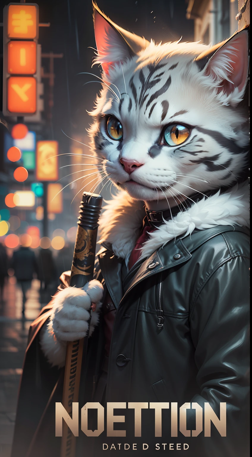 ((furry, anthropomorphic cat, best quality: 1.2)), anthropomorphic cat face, ((furry)), (soft colors: 1.2, dark studio, rim lighting, two-tone lighting, dim light, low tone, ), ((heavy rain weather)), long leather raincoat, a poster for a \(style\) of the 1930s, ???? detective film, (???? atmosphere:1), dark atmosphere, city night street, emphasis on color ????, Nestilo furry Disney, close up, Disney stile, Holding a samurai sword, High Detail, Surrealism, cinematic lighting, high details, high quality