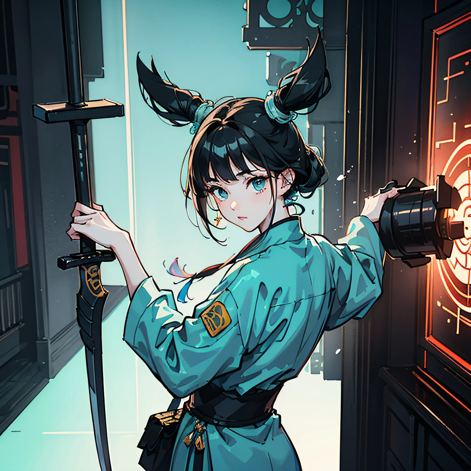 Chinese young girl, 3D three-dimensional face, delicate facial features, fair skin, black hair, kung fu master, martial arts girl, white and cyan gradient Hanfu, cheongsam, Chinese style elements, holding a sword, front view, good perspective, holographic light and shadow, full of fluorescence, rich background, cyberpunk, rich special effects, extremely high picture quality, lighting, futurism, sci-fi sense, fusion of traditional and futuristic aesthetics, realistic details, and its meticulous details, 3D rendering, Unreal Engine --auto