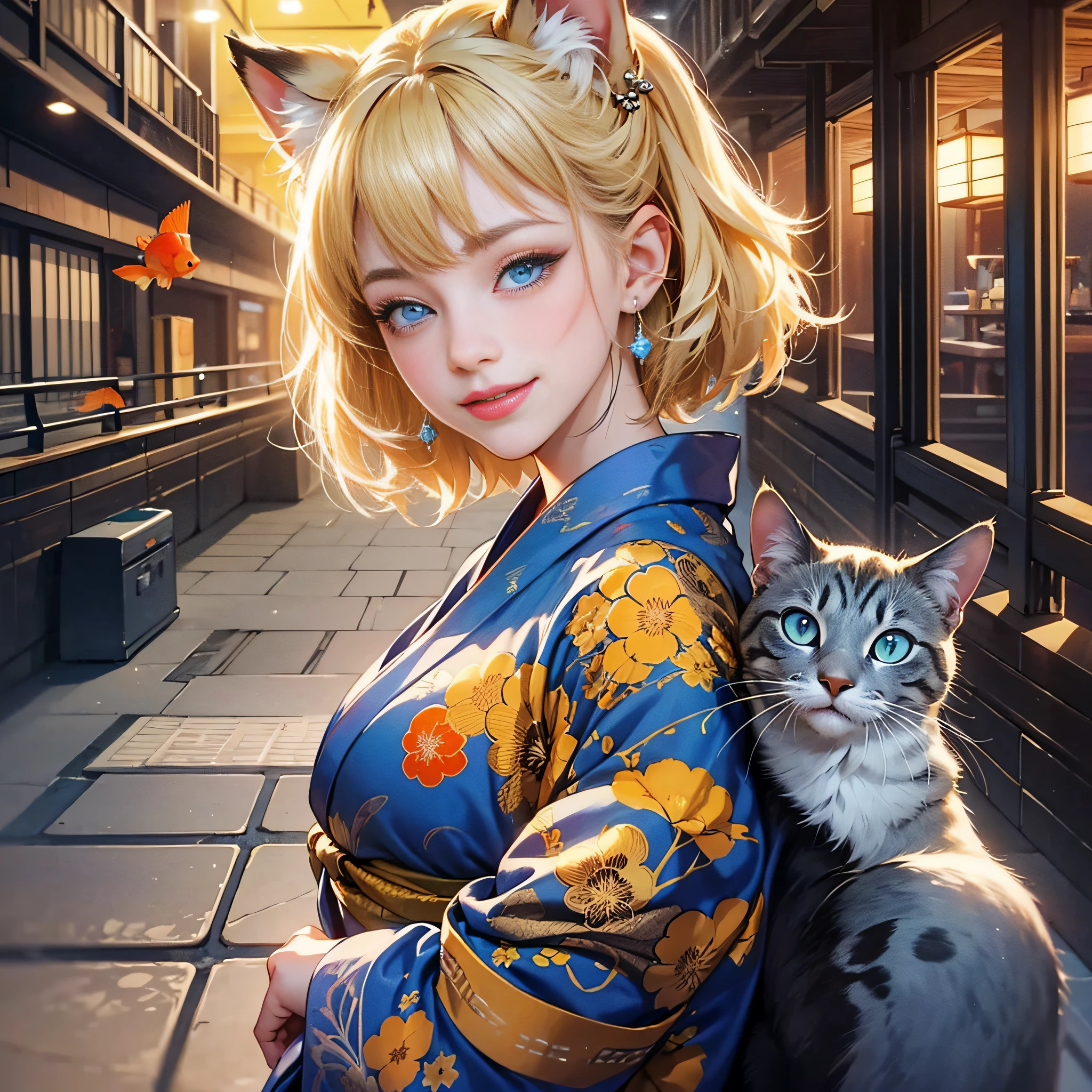 {{masterpiece, best quality, extremely detailed CG, unity 8k wallpaper}}, steampunk, park facing Yokohama port, 1 girl, 1 cat, smiling girl holding a cat, cute face, blonde short bob, ears pierced earrings, yukata, yukata pattern goldfish, detailed eyes, blue eyes, double eyelids, long eyelashes, cinematic lighting,