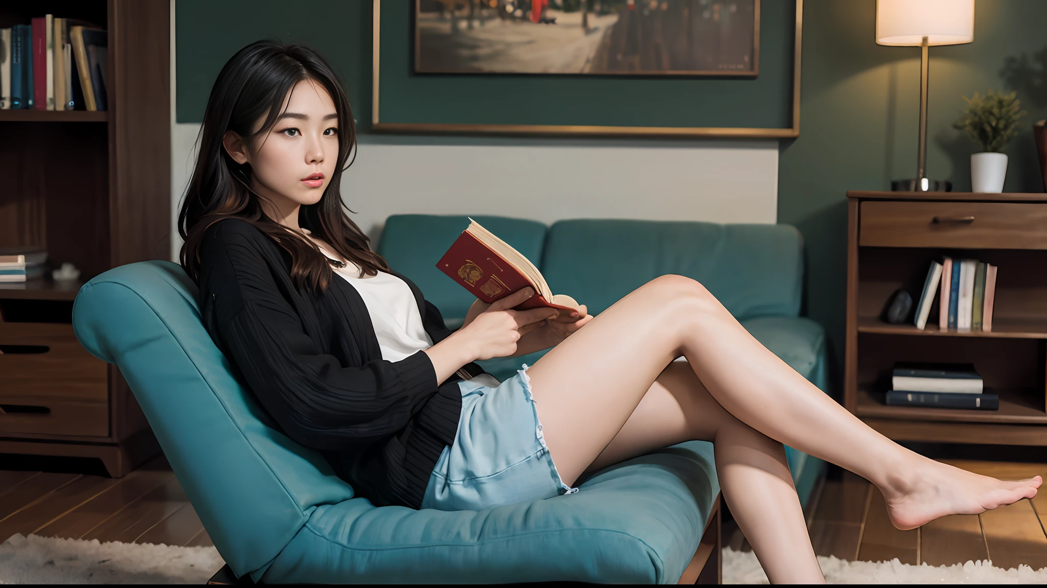 A handsome guy reading a book, very handsome, side face, medium long hair, bookish temperament, Asian face, white long skirt, side face, seaside, puppy, blue sky and white clouds, boat on the beach