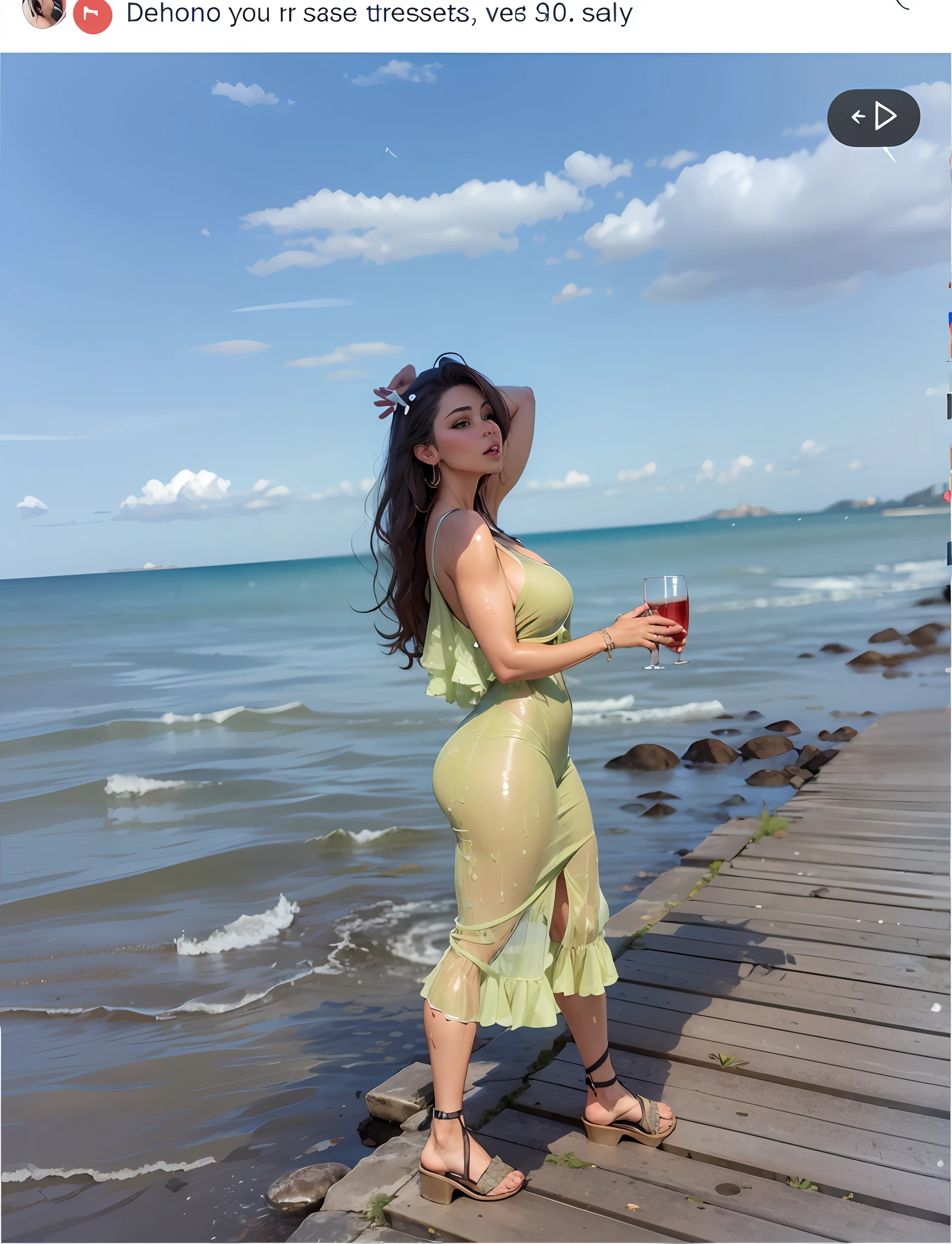transparent dress, wet, you can see the underwear underneath, the underwear is one size too small, cuts into the skin, a huge big breasts, very deep cleavage, wide neckline, wide hips, extremely wide hips, really pretty 40-year-old woman