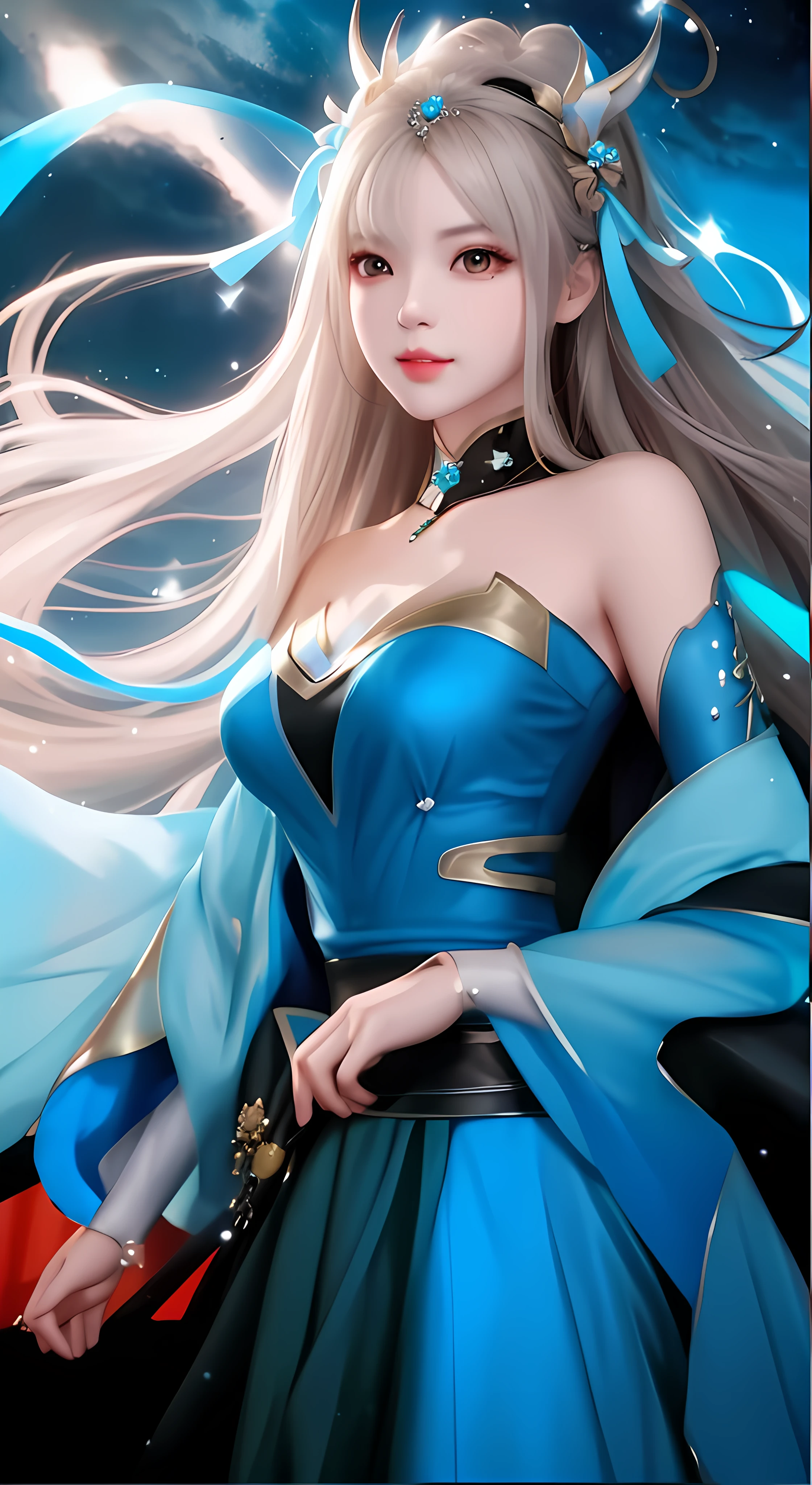 a close up of a woman in a blue dress with long hair, rossdraws digital painting, rossdraws 1. 0, rossdraws 2. 5, extremely detailed artgerm, artgerm. high detail, rossdraws sakimimichan, alice x. zhang, advanced anime digital art, ! dream artgerm, digital art on pixiv