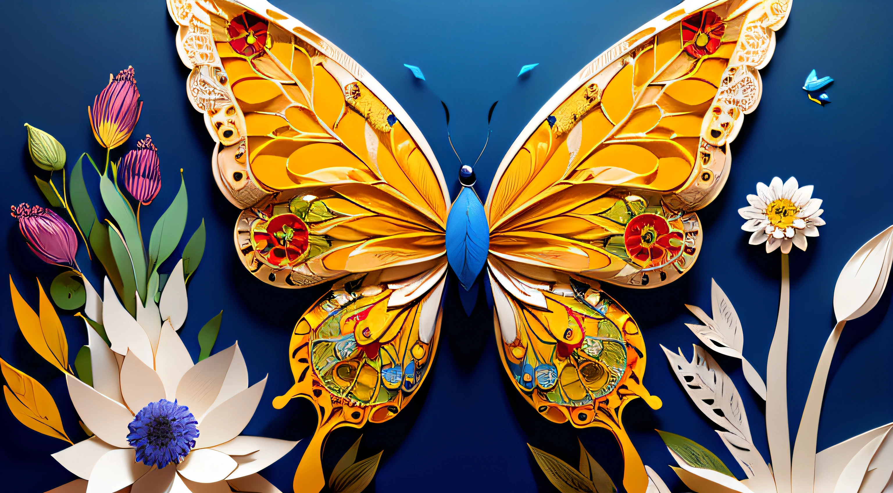 realistic, (best quality, masterpiece:1.3),illustration,big butterfly in the center , floating in dalias, cloudy sky, paper_cut, pattern