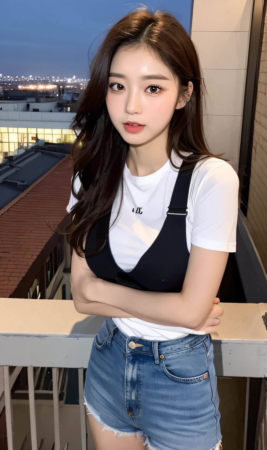 ((Midnight, Best quality, 8k, Masterpiece :1.3)), Whole body, Long legs, Sharp focus :1.2, A pretty woman with perfect figure :1.4, Slender abs :1.1, ((Dark brown hair, Big breasts :1.2)), (White tight tshirt, Jean bib, Standing:1.2), ((Night city view, Rooftop:1.3)), Highly detailed face and skin texture, Detailed eyes, Double eyelid