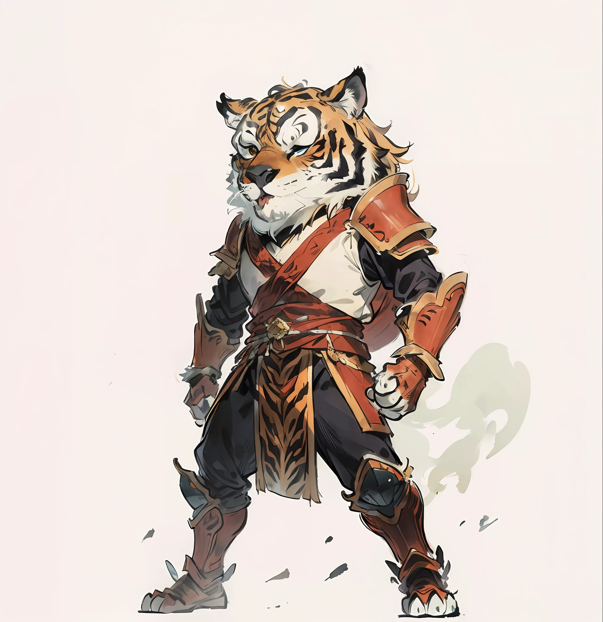 Q version cartoon 2 head to body ratio, anthropomorphic tiger male, animal image design, tiger image wearing black and red with ancient armor clothes, open mouth, very handsome and tall, Q version cartoon monster standing painting, standing obliquely, side view, standing sideways, full body portrait, cool shape,