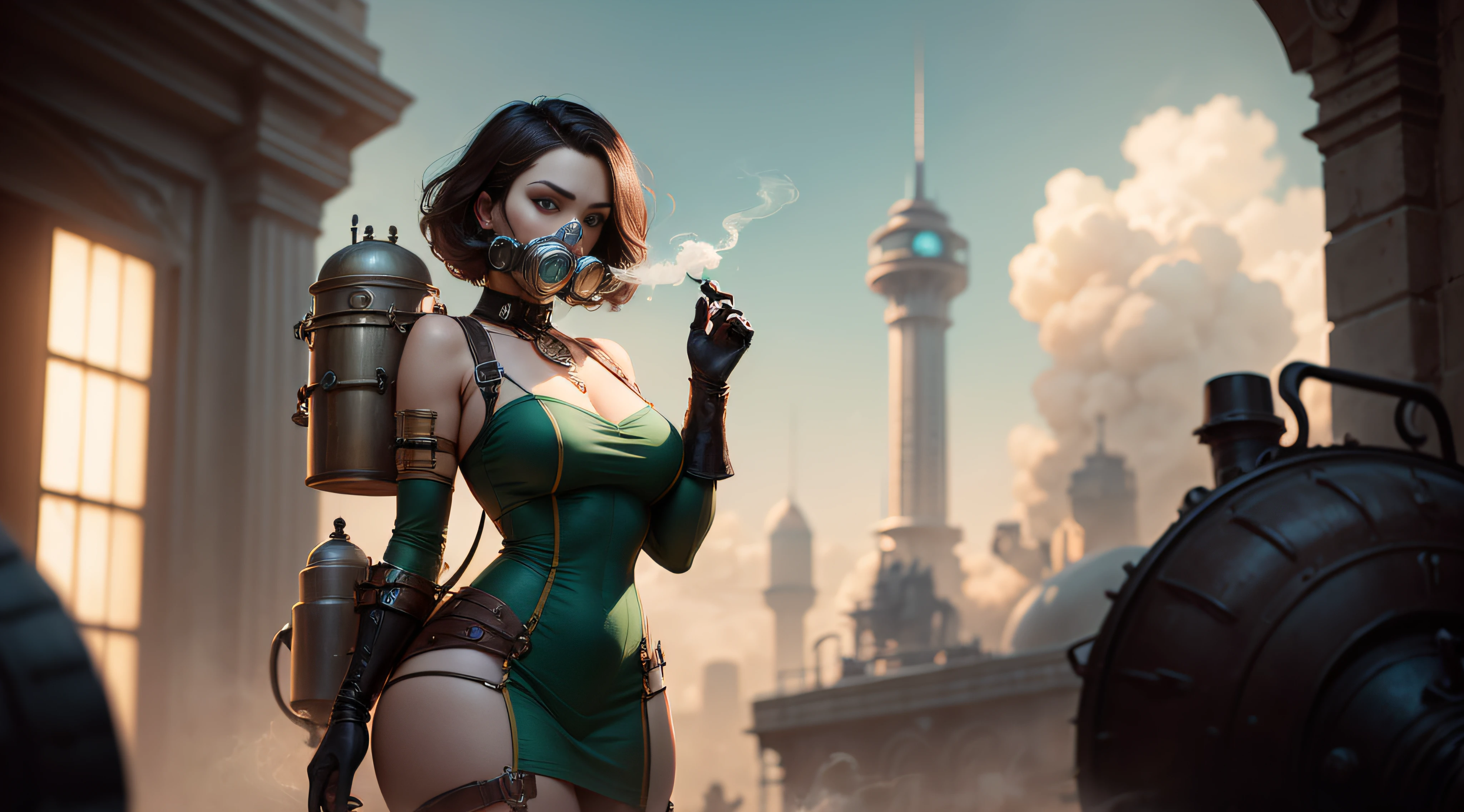 Masterpiece, Best Quality, One Woman, Symbolism, Visual Arts, Occult, Universal, Vision Casting, Philosophy, Iconography, Numerology, Popularity, Arts, (cameo), Big Thighs, Green Smoke, Gas Mask, Tarot Card, Magic, (Smoke), Perfect Body, Strong Shadows, Masterpiece, Detailed, 8k, Detailed, There's a Woman in a Gas Mask and Green Dress, Artgerm Julie Bell Beeple, Digital Art Steampunk, steam-punk illustration, high quality steampunk art, steampunk fantasy style, steampunk digital art, steampunk concept art, steampunk art, steampunk illustration, magic and steam - punk inspired, detailed steampunk illustration, beautiful steampunk anime woman, steampunk bioshock steampunk portrait --auto