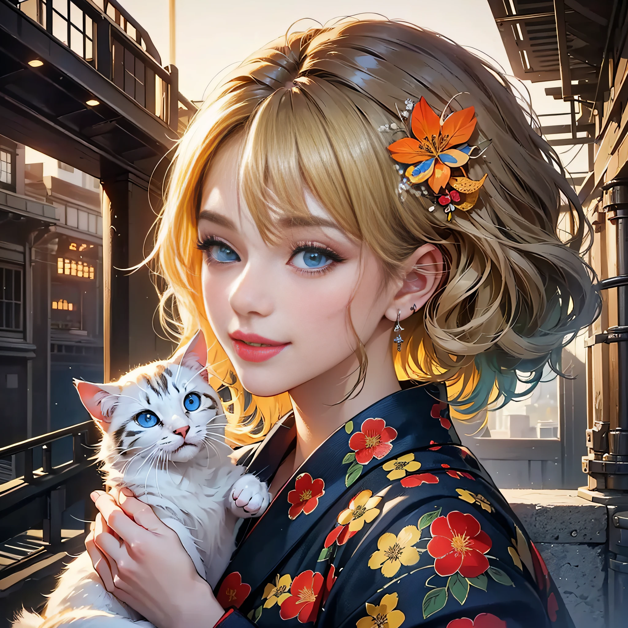{{masterpiece, best quality, extremely detailed CG, unity 8k wallpaper}}, steampunk, park facing Yokohama port, 1 girl, 1 cat, smiling girl holding a cat, cute face, blonde short bob, ears pierced earrings, yukata, yukata pattern goldfish, detailed eyes, blue eyes, double eyelids, long eyelashes, cinematic lighting,