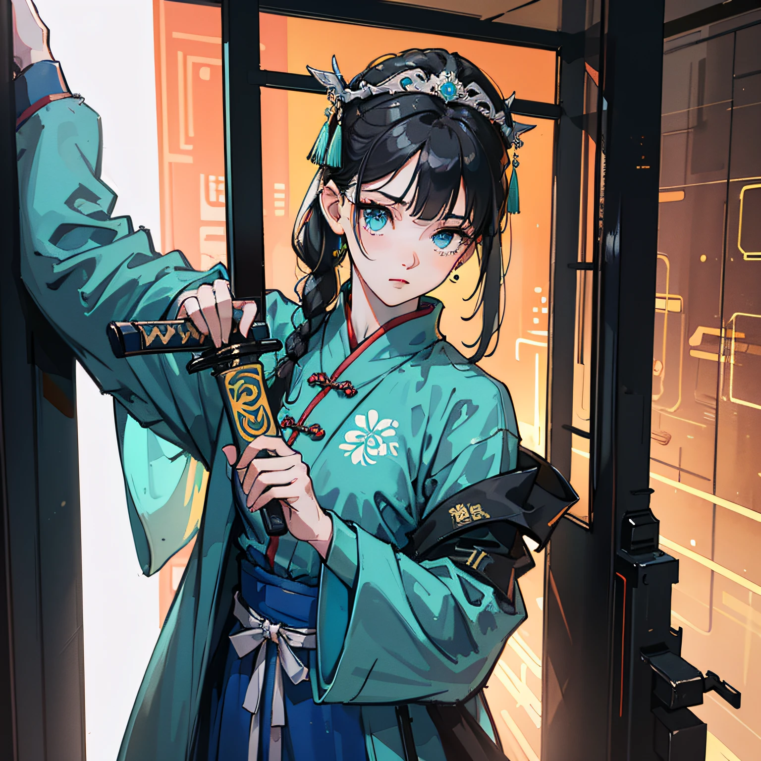 Chinese young girl, 3D three-dimensional face, delicate facial features, fair skin, black hair, double pill head, Chinese style headdress, kung fu master, martial arts girl, white and cyan gradient Hanfu, cheongsam, Chinese style elements, holding a sword, front view, good perspective, holographic light and shadow, full of fluorescence, rich background, cyberpunk, rich special effects, extremely high picture quality, lighting, futurism, sci-fi sense, fusion of traditional and futuristic aesthetics, realistic details, and its meticulous details, 3d rendering, Unreal Engine --auto