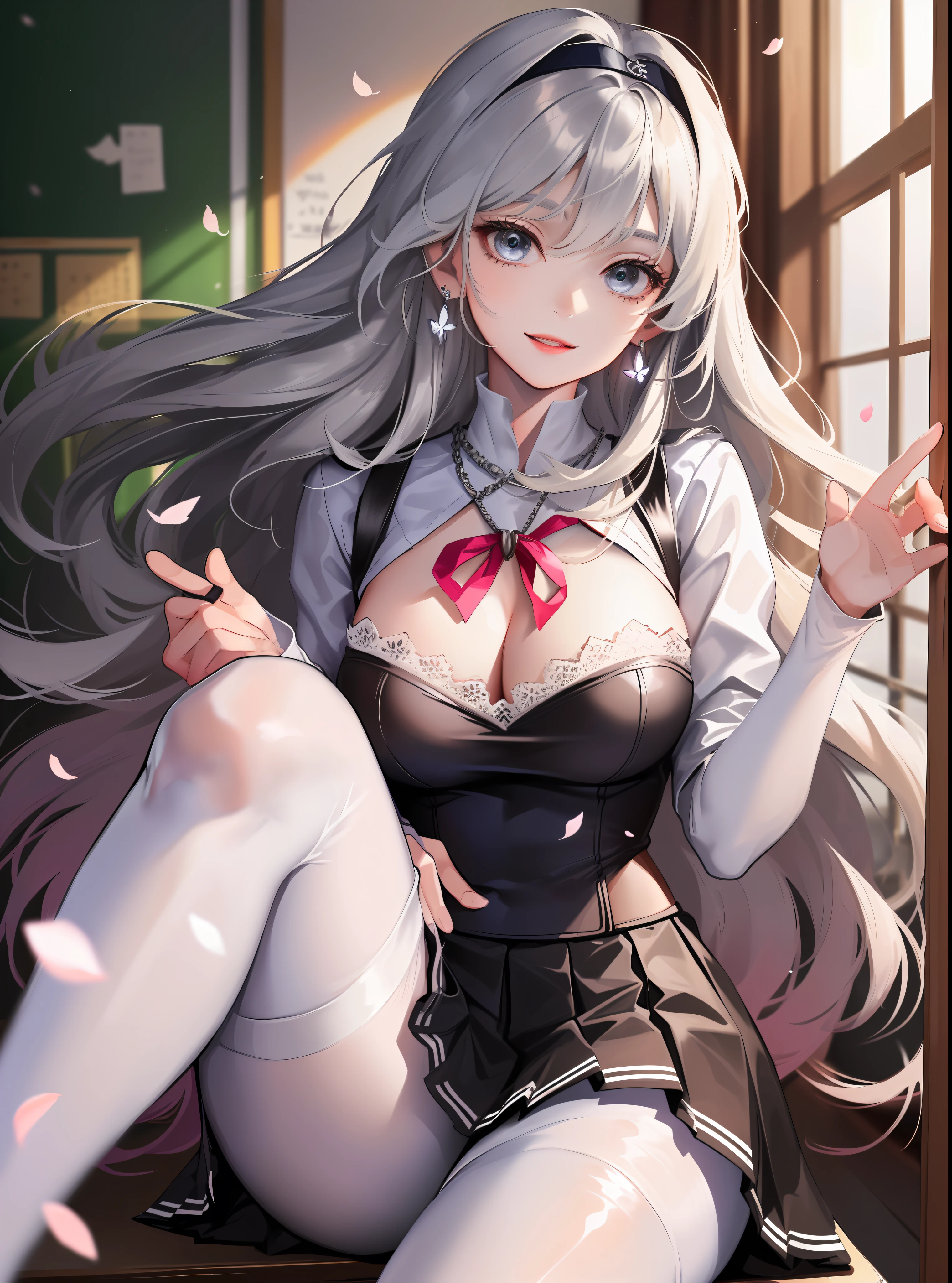 Extremely detailed face, an extremely delicate beautiful girl, extremely detailed eyes and face, high resolution, beautiful detailed eyes, real light source, warm colors, a girl, thigh focus, smile, look up, look at you, shy, very long hair, black hair, silver hair, bangs, big breasts (E, erlang legs, absolute field, school uniform, pleated skirt, mini skirt, white tights, leggings pantyhose, ribbons, necklaces, earrings, damaged over-the-knee socks, lace, clothing accessories/head accessories, headbands, Scattered cherry blossoms, detailed background, butterflies flying, classroom, hands on heads, indoors, tables in the sun