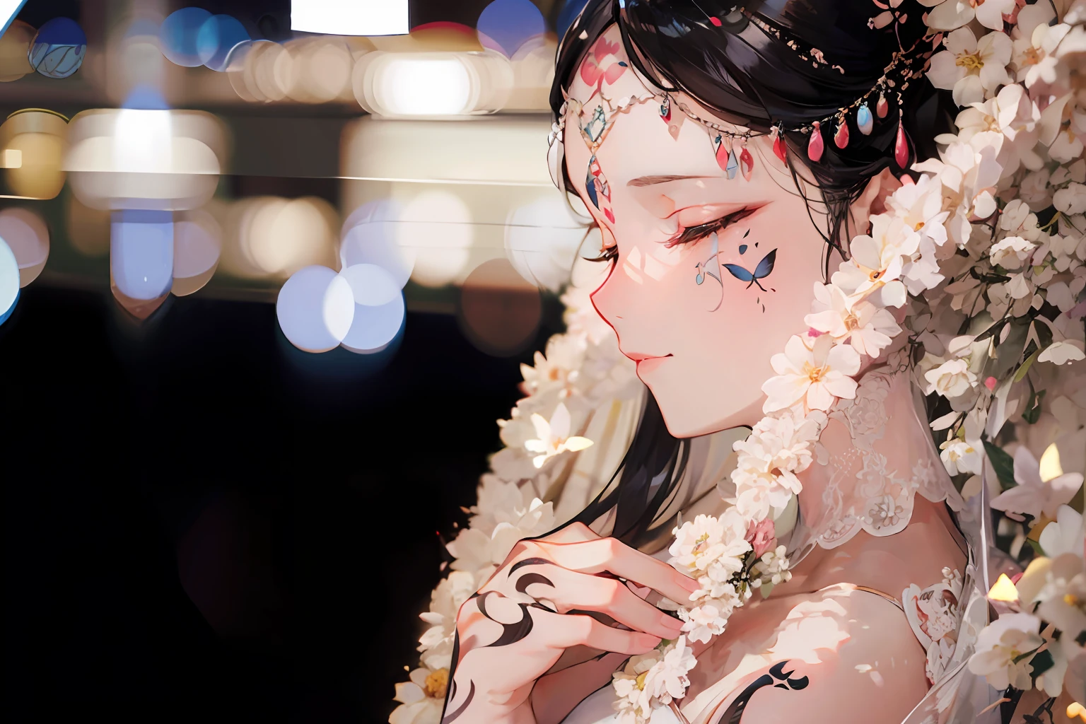 Half-closed eyes,Cheekbone butterfly tattoo