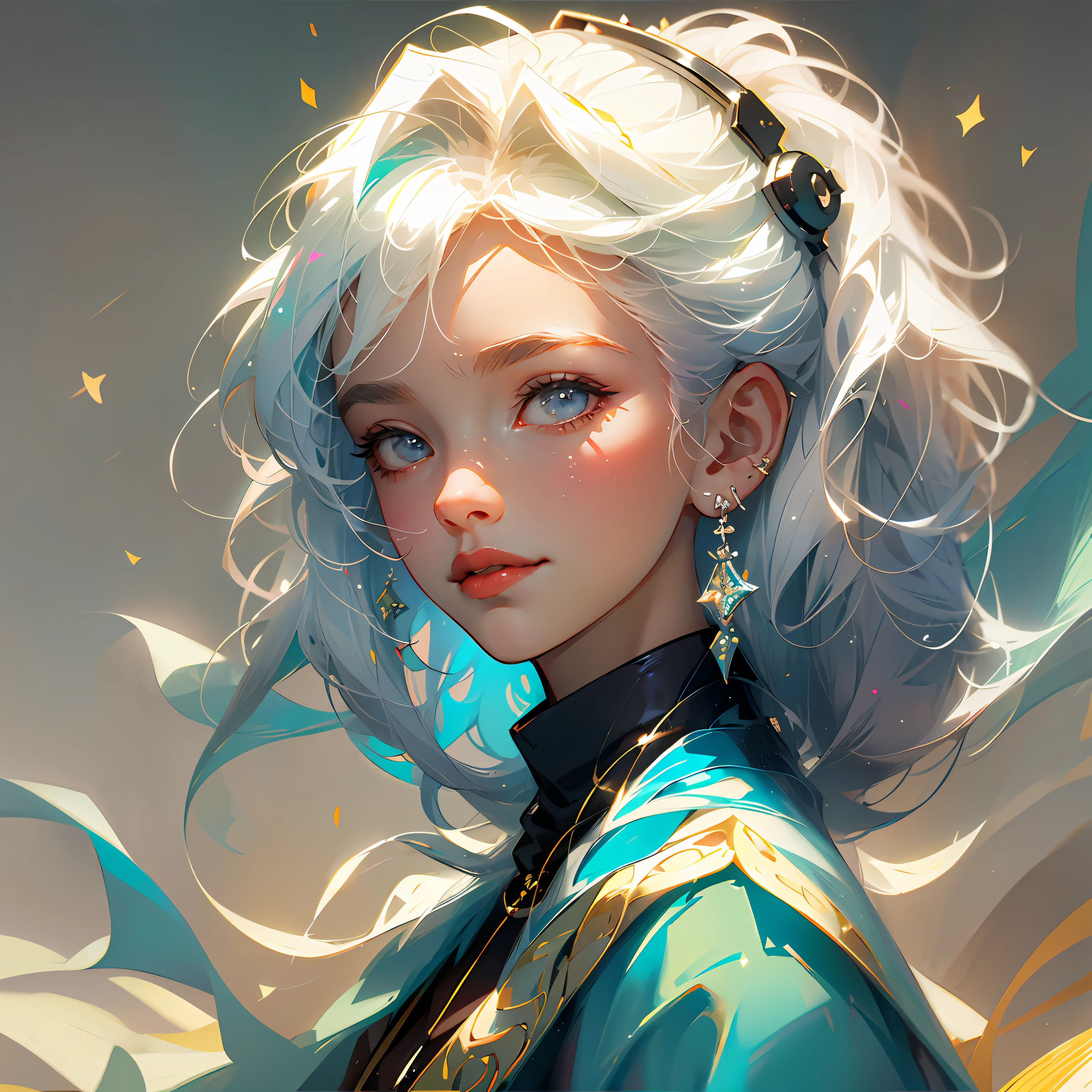 (masterpiece), (best quality), (ultra detailed),(disheveled hair),(illustration), (1girl), (Fashionable clothing), standing, Fashion model, looking at viewer, (interview), (simple background),beautiful detailed eyes, delicate beautiful face, Floating,(high saturation),(colorful splashes),colorful bubble,(shining), focus on face, kamisato ayaka, light blue hair, bangs, hair ring, floating flowers, floating hairs.Girl, anime waifu, looking at viewer, highlydetailed, reflections transparent iridescent colors, long transparent iridescent RGB hair, artby Serafleur from artstation, thick acrylic,illustration on pixiv, waist up portrait, gorgeoussacred girl, best quality, ultra detailed,sad,clever,beautiful face , beautiful lighton black background, Character stvle renderedby Octane, --auto
