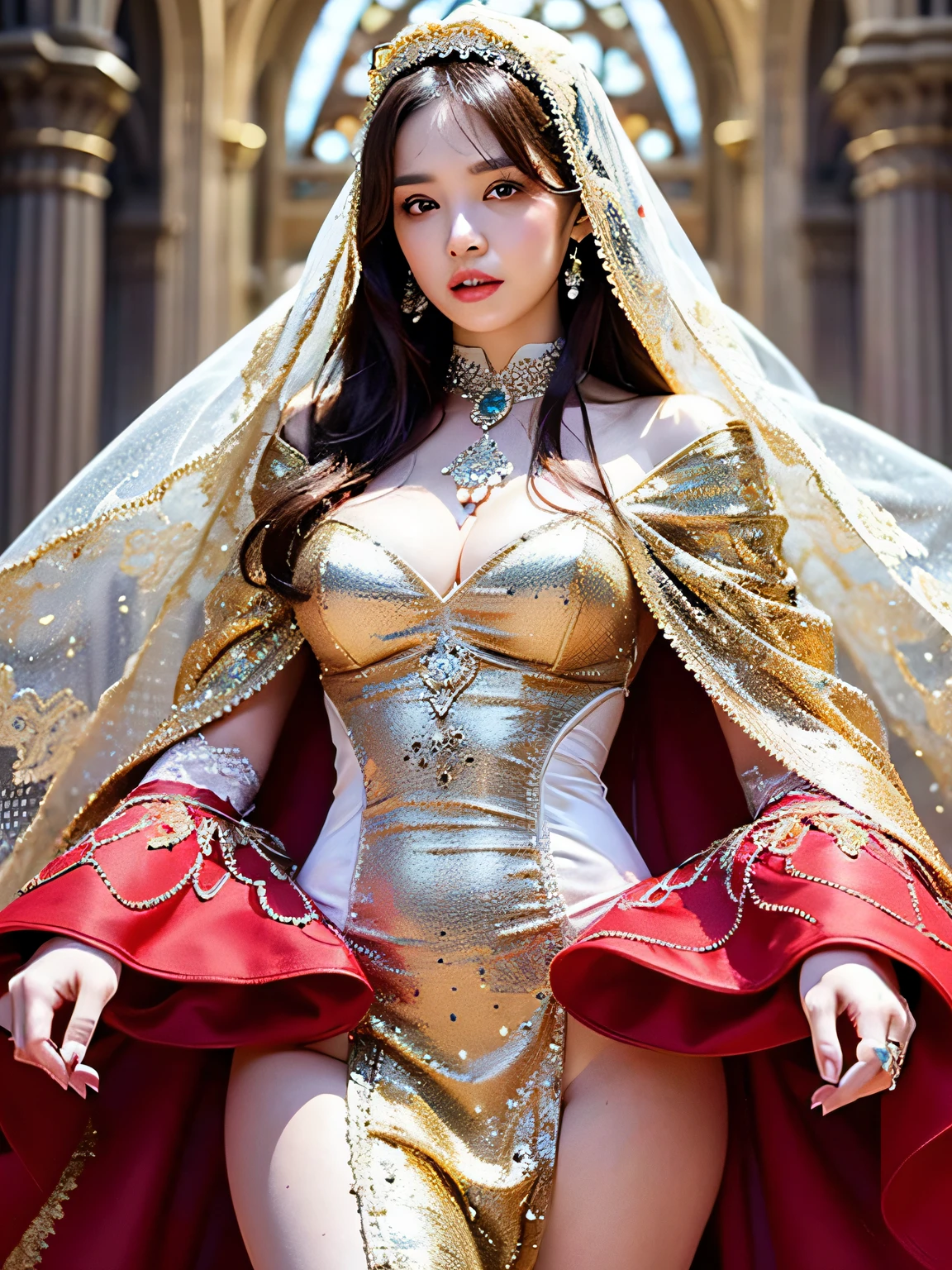 (((The hem of the dress is long and dragging back))), top quality, ultra high resolution, (photorealistic: 1.4), cinema light, depth of field, beautiful face, (PureErosFace_V1: 0.8), |1 girl, fan binging, (woman in red dress and gold jewelry), (((the hem of the dress is so long)), fan bin fashion, huge, white cape, Intricate design, cathedral background, brown hair with extra long waves, RAW, beautiful woman, (detailed face), (detailed facial features), (fine detailed skin), pale skin, (masterpiece), perfect proportions, realistic photo, (body portrait), ((with bouquet)), ((wearing a veil)), dress hem long,