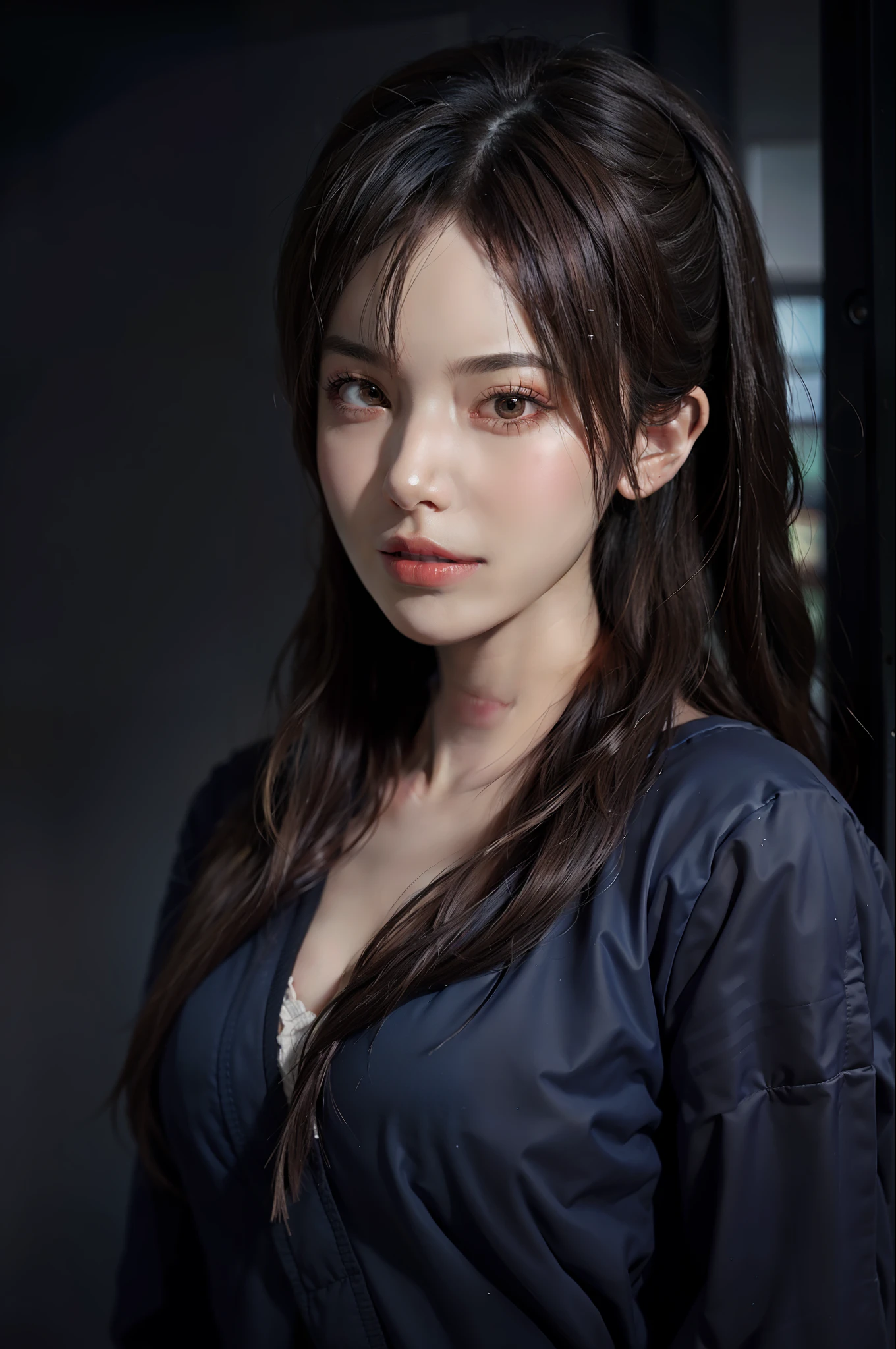 Hyperrealist portrait of female by david hockney and alphonse mucha,fantasy art, photo realistic, dynamic lighting, artstation, poster, volumetric lighting, very detailed faces, 4 k, award winning,, 1girl, in the dark, deep shadow, low key,cowboy shot,(official clothing:1.4) ,long hair,white hair,