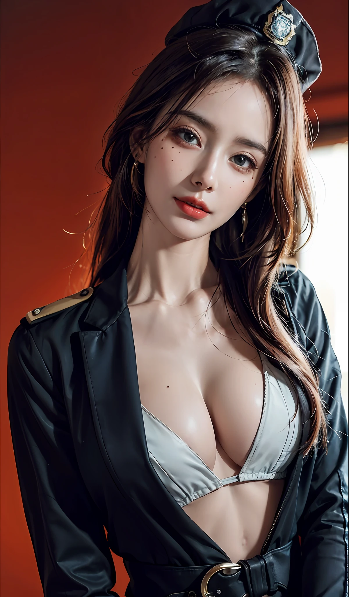 Simple background, (wearing a policewoman uniform and cap: 1.4), good hands, 4k, high resolution, masterpiece, best quality, head: 1.3, ((Hasselblad photography)), fine skin, clear focus, (cinematic lighting), soft lighting, dynamic angle, [:( detailed face: 1.2): 0.2], medium breasts, breasts, (((inside the mansion))), (chest exposed: 1.3), 1 girl, jewelry, earrings, orange_sky, solo, mole, long_hair, mole_under_eye, upper_body, grey_eyes, looking_at_viewer,, Brunet, Fashion, (head tilt: 1.4), Simple background, Red background,