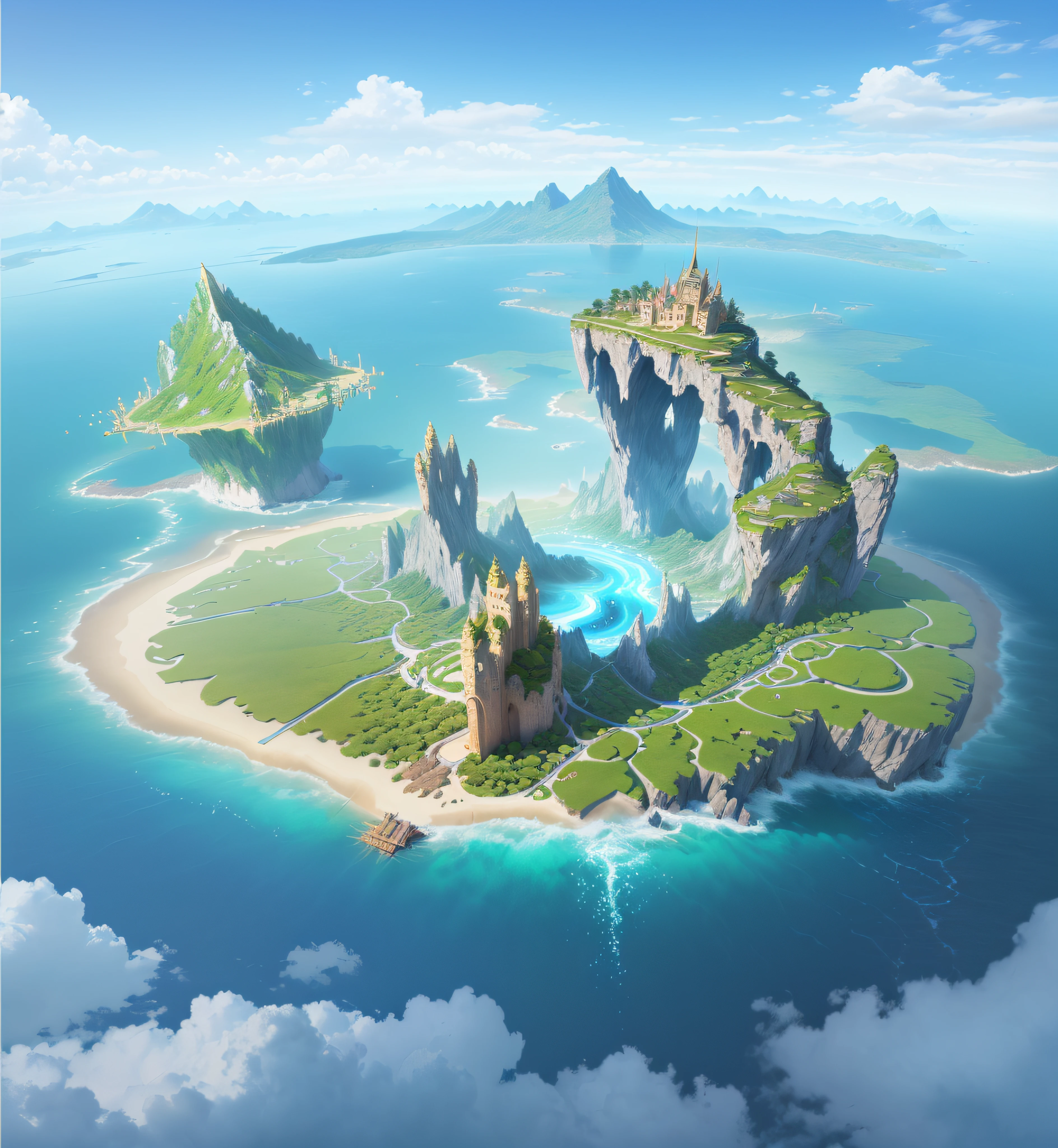 There is an uninhabited island, mountains, rocks, a clearing on it, island background, isometric 3D fantasy island, palm tree formed road, magic, Chinese feng landscape, fantasy world concept, fantasy desert crystal island, flying island, isometric island in the sky, fantasy highly detailed, light kingdom background, flying island in the sky, mythical island, isometric 3d fantasy, beautiful detailed fantasy