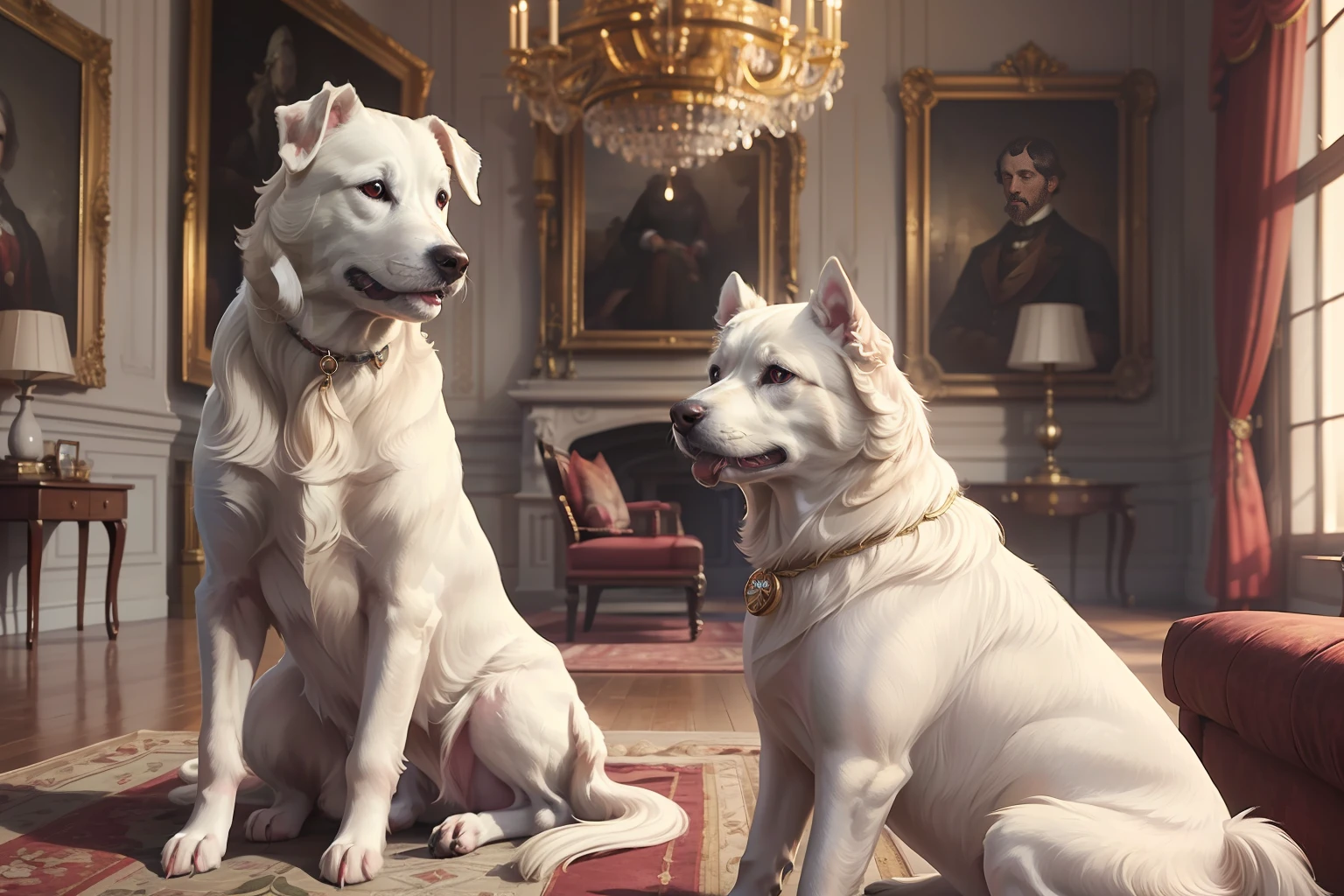 masterpiece, Highly detailed, super realistic, 4k, 8k, detailed background, Victorian style,
(living room of the Royal Palace), (white dogs sitting side by side), (from side),