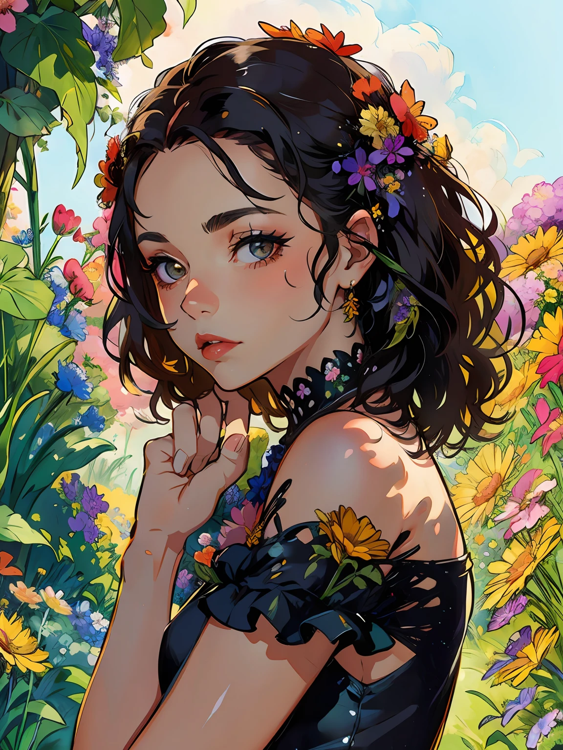 HD, (Best Details) (Best Quality), (Illustration), (((Flowers))), ((Hair Decorating Flowers))), ((Surrounded by Flowers))), Garden, Flower and Plant Background, Butterfly, ((Young)), There is a woman in black dress posing for a photo