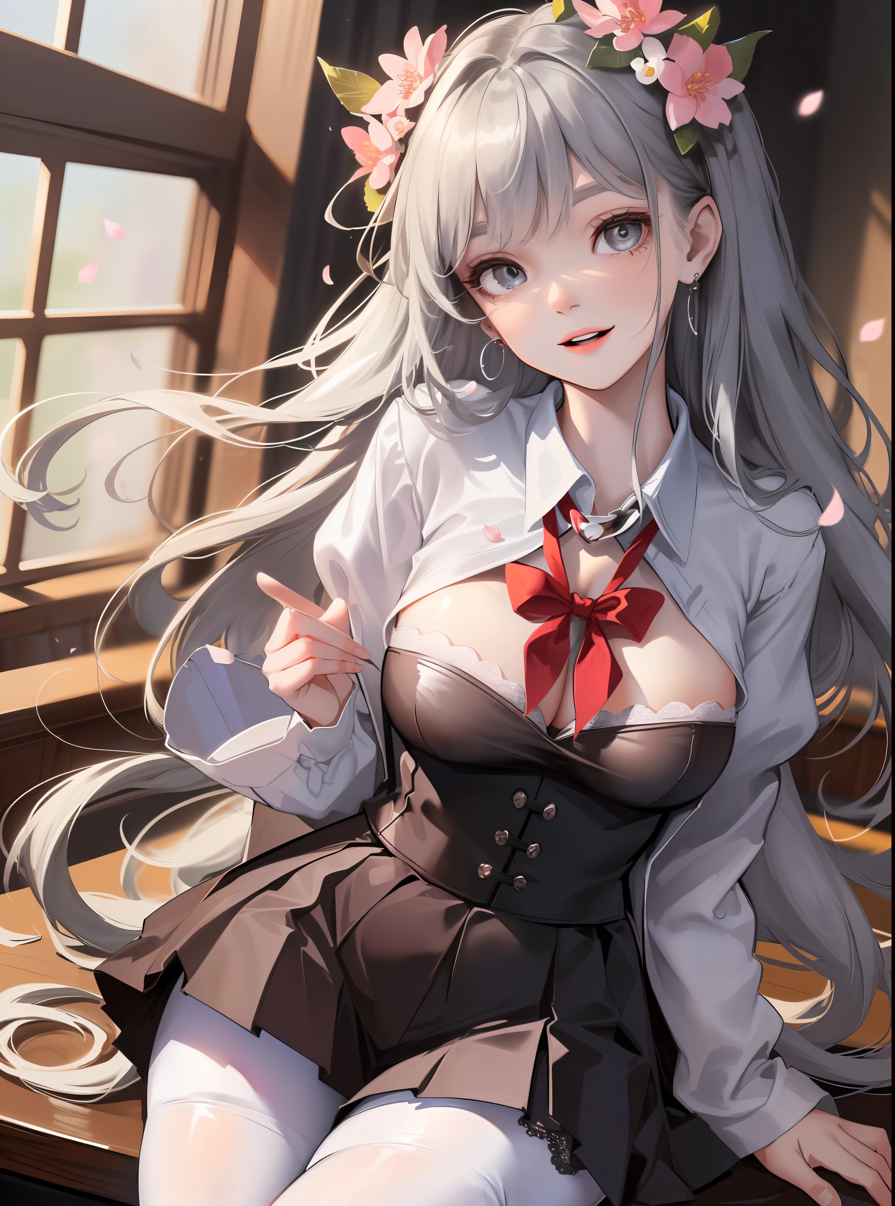 Extremely detailed face, an extremely delicate beautiful girl, extremely detailed eyes and face, high resolution, beautiful detailed eyes, real light source, warm colors, a girl, thigh focus, smile, look up, look at you, shy, very long hair, black hair, silver hair, bangs, big breasts (E, erlang legs, absolute field, school uniform, pleated skirt, mini skirt, white tights, leggings pantyhose, ribbons, necklaces, earrings, damaged over-the-knee socks, lace, clothing accessories/head accessories, headbands, Scattered cherry blossoms, detailed background, butterflies flying, classroom, hands on heads, indoors, tables in the sun