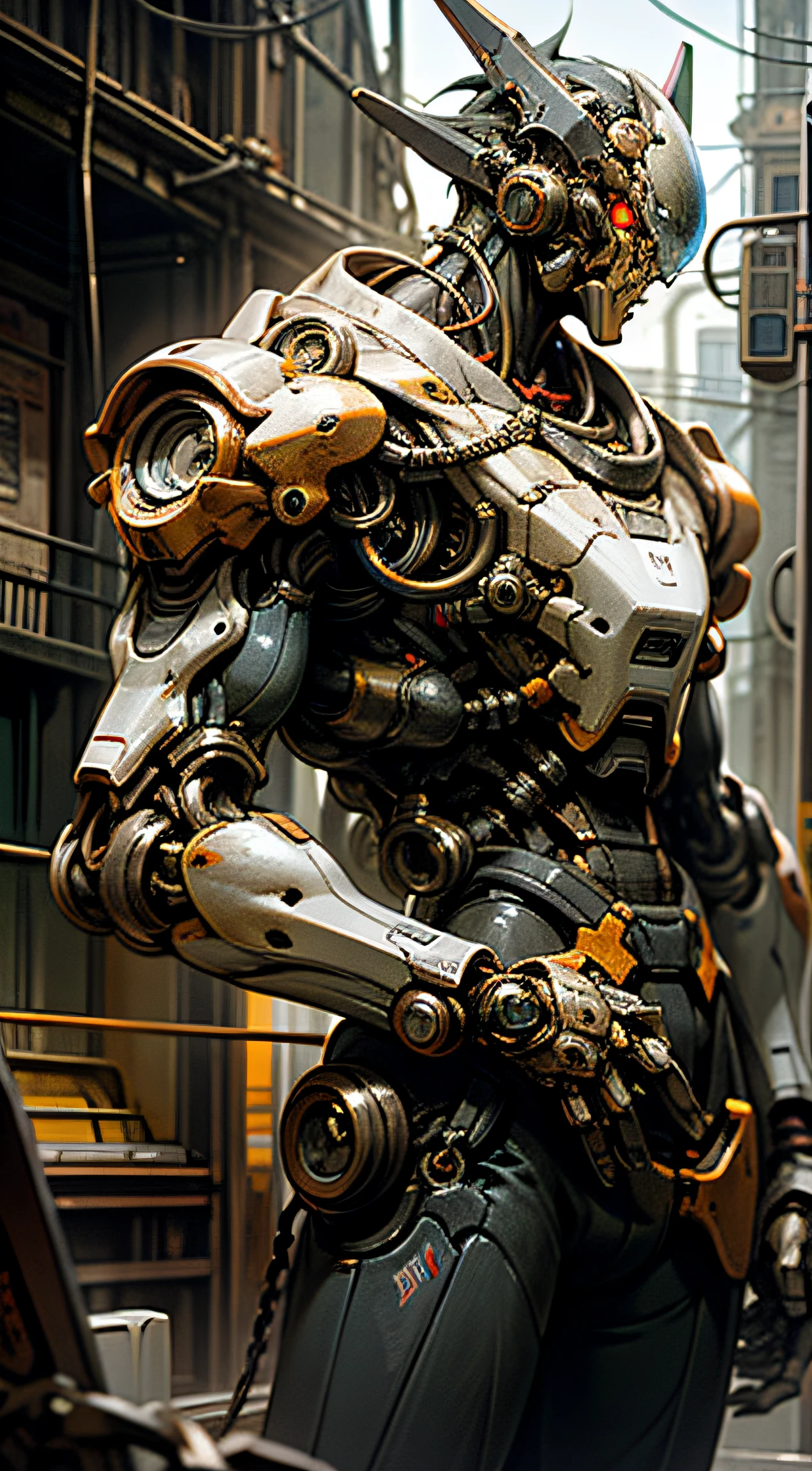Dark_Fantasy,Cyberpunk,(chain saw,chain saw man,Red:1.1),1man,Mechanical marvel,Robotic presence,Cybernetic guardian, wearing a worn-out mech suit, intricate, (steel metal [rusty]), elegant, clear focus, shot by greg rutkowski, soft lighting, vibrant colors, masterpiece, ((street)), cowboy shot, dynamic pose,