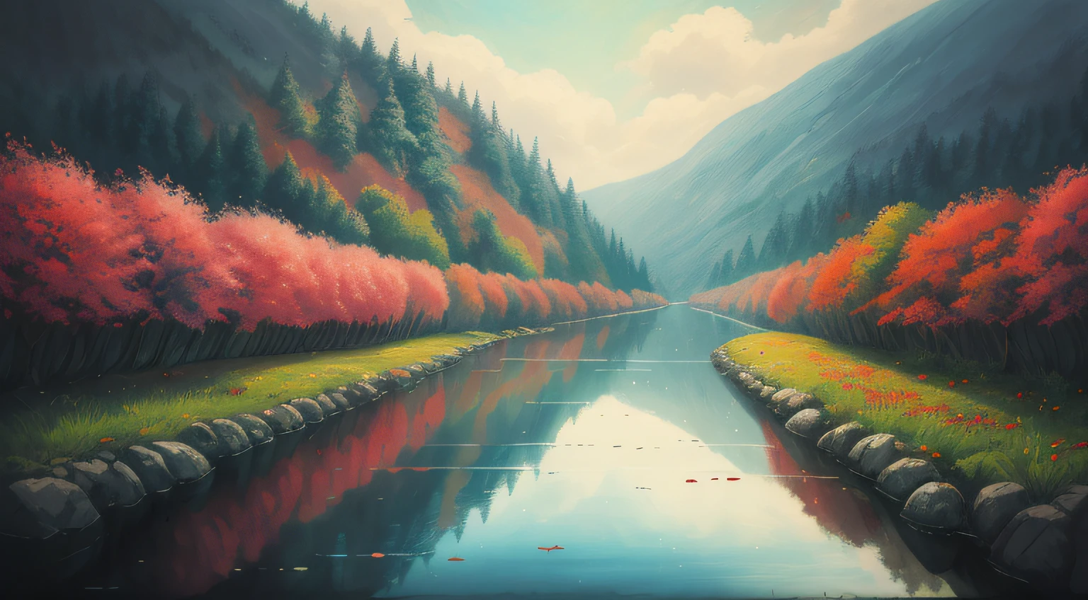 I can't remember the feeling of the beginning
The landscape painting depicted is a devil that deceives angels
Eventually, even the hot heartbeat and lies will end
Counting on my fingers, the last time of freedom
Baring my teeth and howling, just flowing people
The abyss reflected in the water surface
Because it sways and disappears with withered leaves
Because it fades in the waves
Is there a nostalgic memory at the destination led to?
The scars that can boast of time
Blossom vividly and unhealed in red
In the same time, blooming vividly,
abstract landscape,
(best quality:1.3), (highres:1),