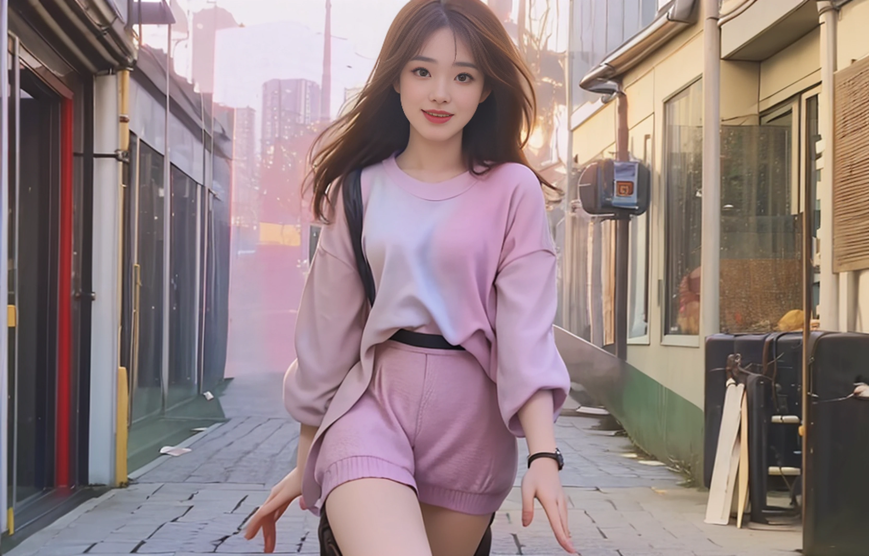 (Best Quality), (Full Body:1.4641), (Photorealistic Photo:1.331), 4K Quality, 1 Female, Dark Brown Hair, Brown Eyes, Frontal, Detailed Face, Beautiful Eyes, Knitted Shirt, Long Boots, Laughter, Walking in Town, 28 years old,