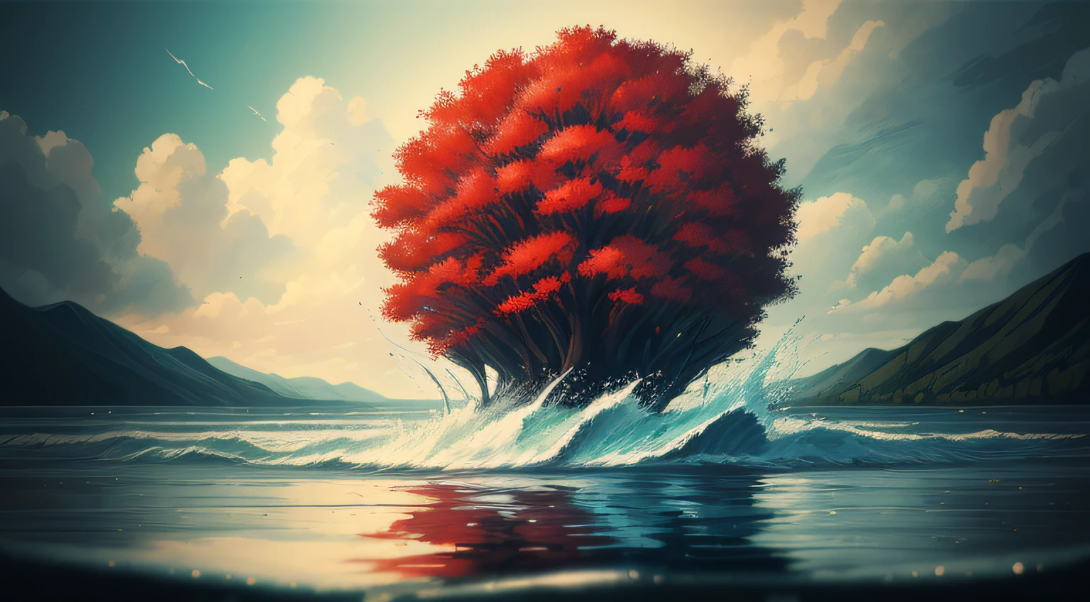 I can't remember the feeling of the beginning
The landscape painting depicted is a devil that deceives angels
Eventually, even the hot heartbeat and lies will end
Counting on my fingers, the last time of freedom
Baring my teeth and howling, just flowing people
The abyss reflected in the water surface
Because it sways and disappears with withered leaves
Because it fades in the waves
Is there a nostalgic memory at the destination led to?
The scars that can boast of time
Blossom vividly and unhealed in red
In the same time, blooming vividly, 
abstract landscape,
(best quality:1.3), (highres:1),