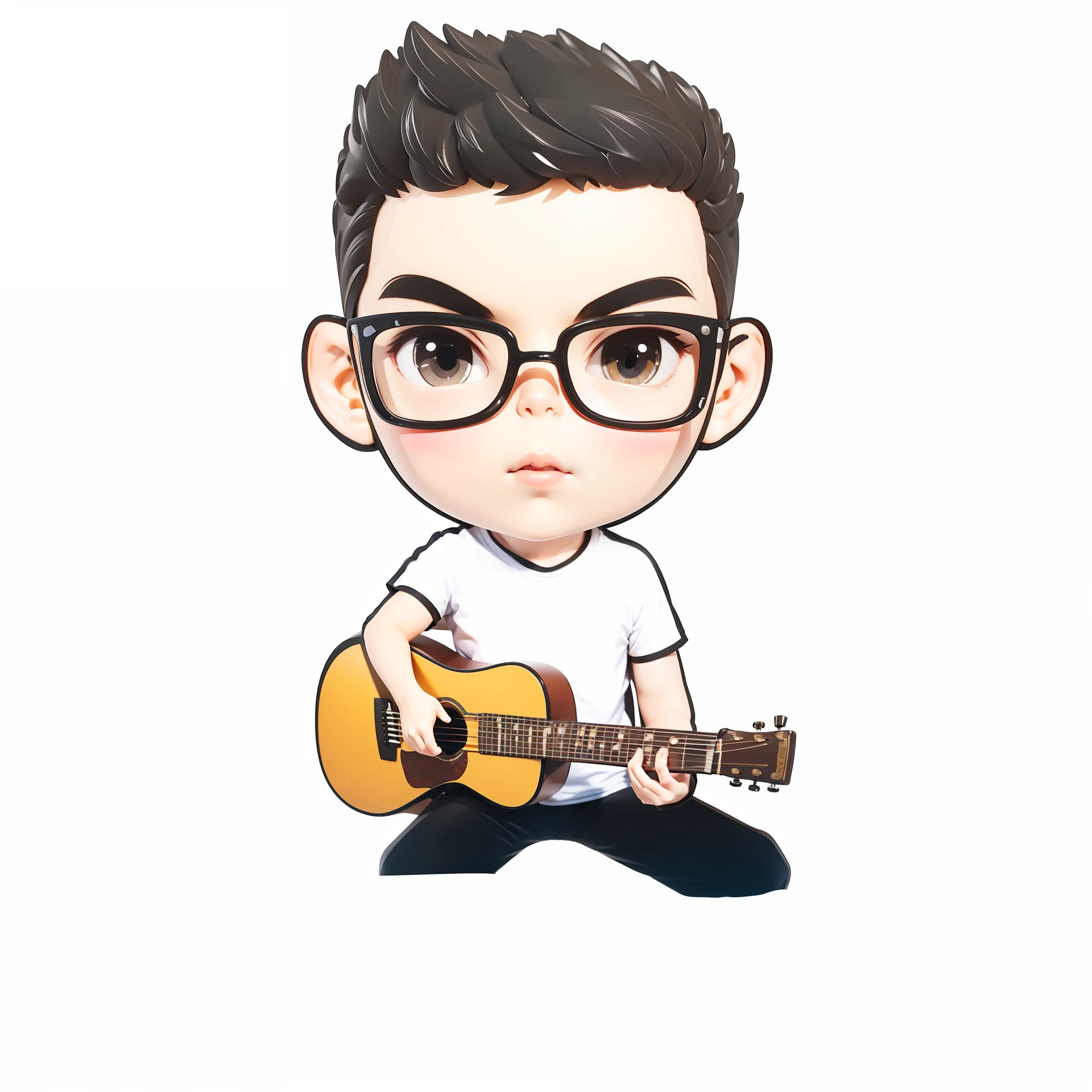 1boy, black-framed glasses, playing guitar, 3D rendering, Q printmaking style