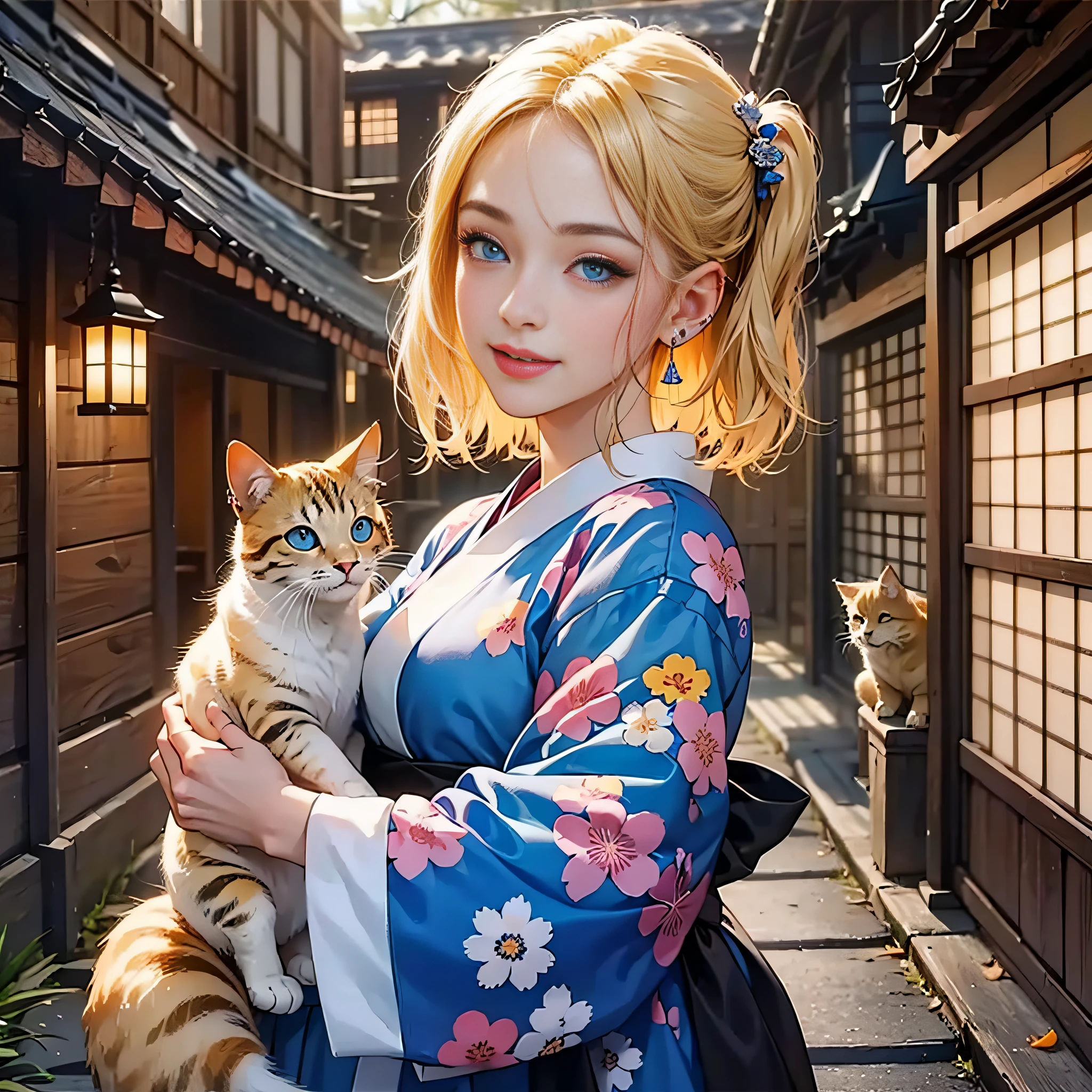 {{masterpiece, best quality, extremely detailed CG, unity 8k wallpaper}}, Japan in the Edo period, streets of Japanese houses facing the port of Yokohama, 1 girl, 1 cat, smiling beautiful girl holding a cat, adorable face, blonde short bob, ear piercings, medium breasts, thin waist, goldfish patterned yukata, detailed eyes, blue eyes, double eyelids, long eyelashes, cinematic lighting,