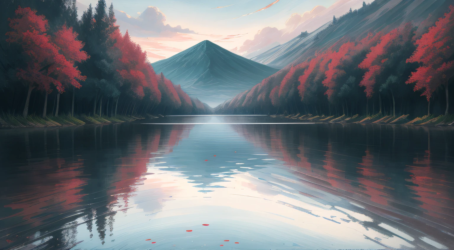 I can't remember the feeling of the beginning
The landscape painting depicted is a devil that deceives angels
Eventually, even the hot heartbeat and lies will end
Counting on my fingers, the last time of freedom
Baring my teeth and howling, just flowing people
The abyss reflected in the water surface
Because it sways and disappears with withered leaves
Because it fades in the waves
Is there a nostalgic memory at the destination led to?
The scars that can boast of time
Blossom vividly and unhealed in red
In the same time, blooming vividly,
abstract landscape,
(best quality:1.3), (highres:1),