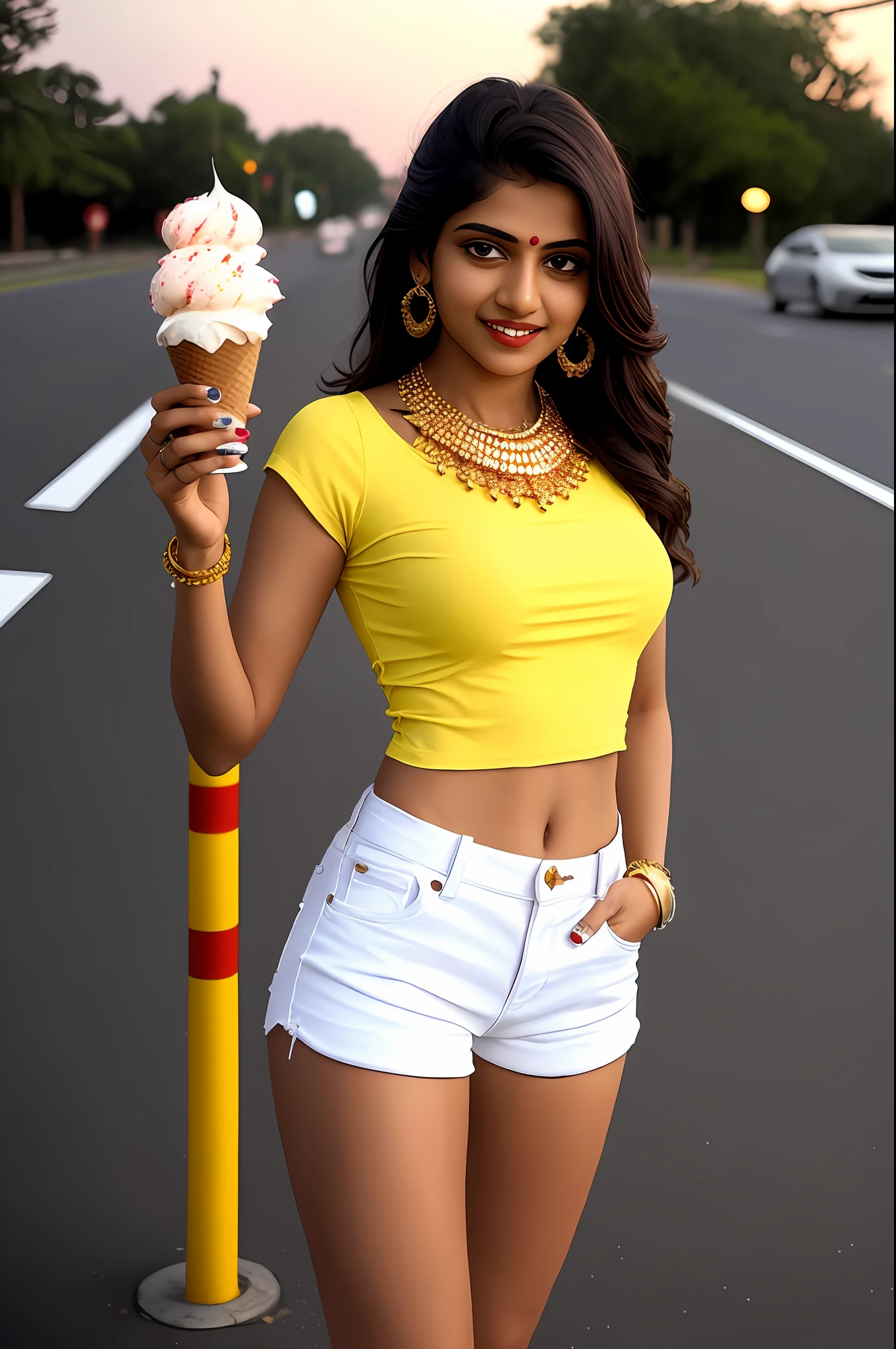 Sure! Here's an optimized prompt based on the given description:
"A seductive Indian girl, adorned with exquisite jewelry, wearing a light yellow top and white shorts jeans . Showcasing her  legs in a realistic and highly detailed manner, she poses alluringly in  front of the camera." Show leg.  Eating ice cream pose. In street road night scene