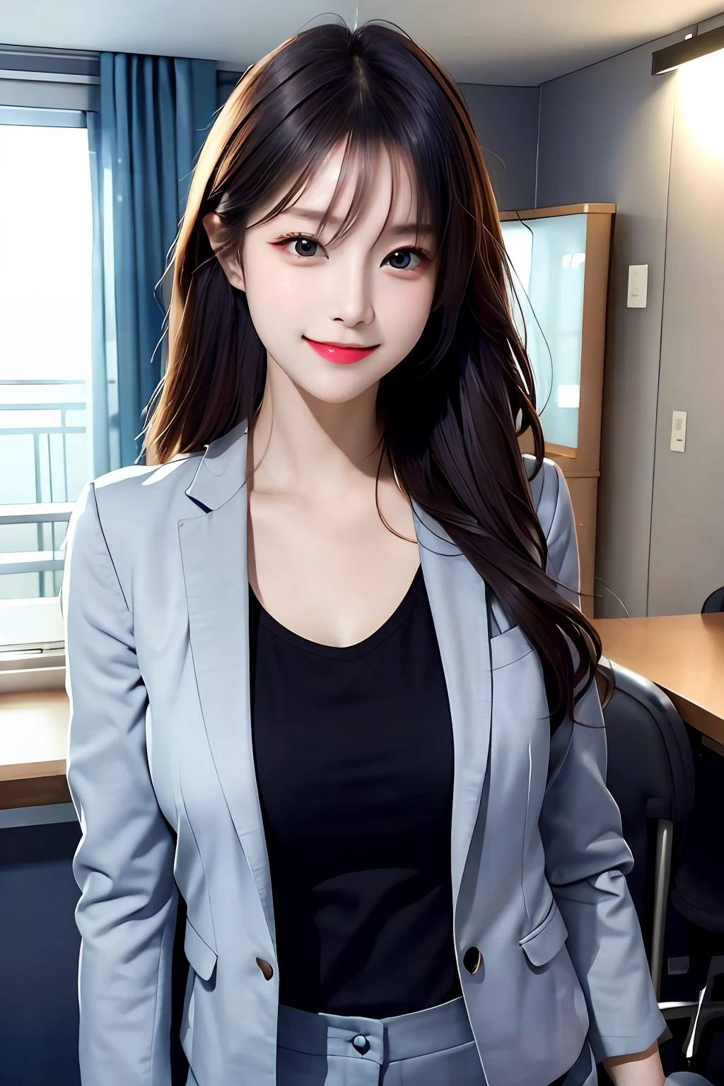 (8k, RAW photo, super high resolution, best quality, masterpiece: 1.2), (realistic illustration), (extremely detailed CG Unity 8k wallpaper), ridiculous, 1 girl, 21 years old, beautiful face, medium breasts, black medium hair, smile, tilted head, smile, upper body, slim pants, gray custom jacket, office, upper body, Nogizaka アイドル, actress, Korean country アイドル