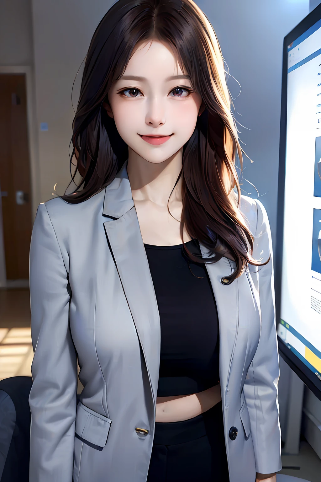 (8k, RAW photo, super high resolution, best quality, masterpiece: 1.2), (realistic illustration), (extremely detailed CG Unity 8k wallpaper), ridiculous, 1 girl, 21 years old, beautiful face, medium breasts, black medium hair, smile, tilted head, smile, upper body, slim pants, gray custom jacket, office, upper body, Nogizaka アイドル, actress, Korean country アイドル