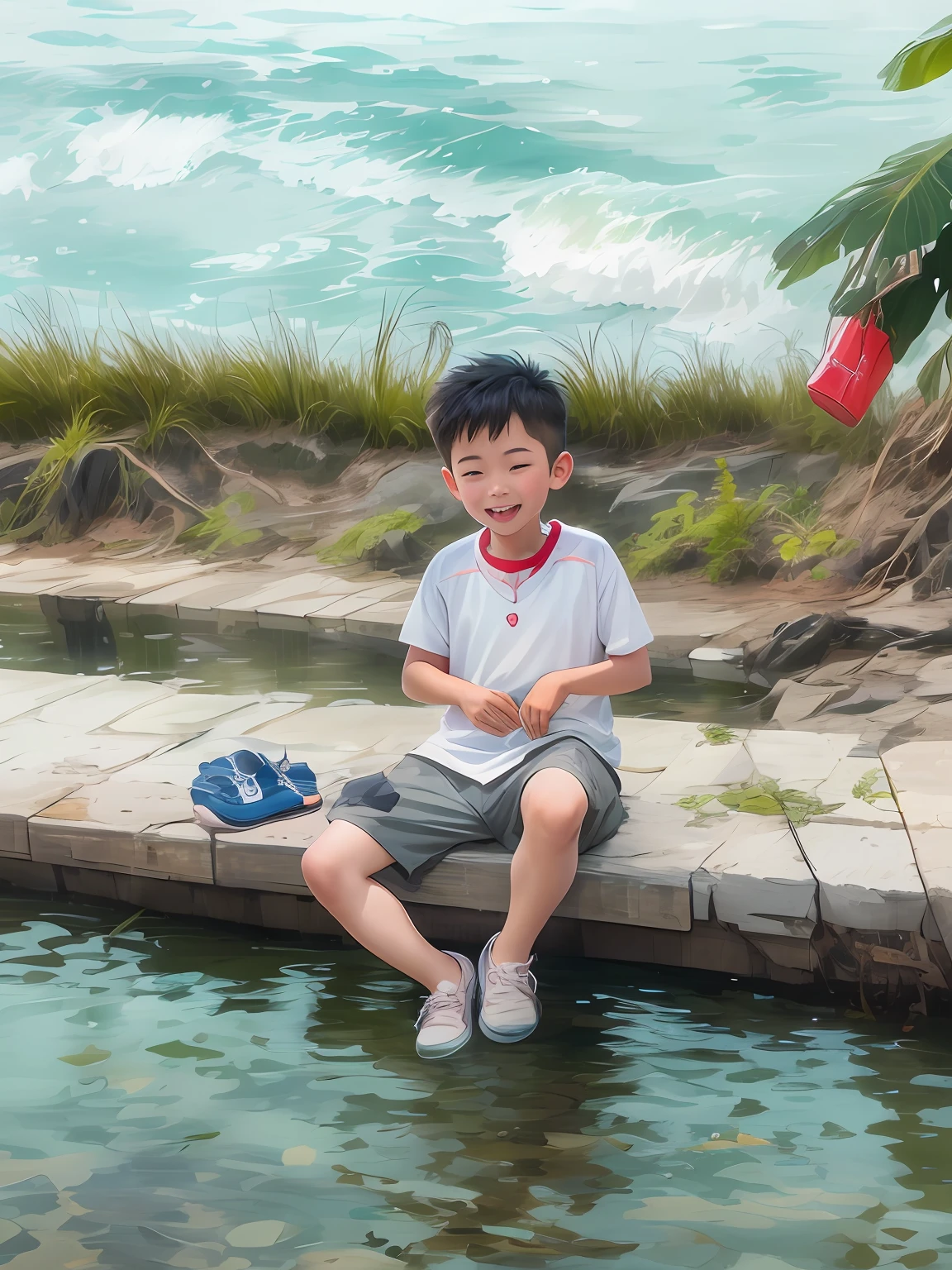 On the platform by the river, there is a happy  with short hair, who steps barefoot into the water with a pair of slippers next to him. The river is clear and wide, with beautiful reflections on sunny days, clouds, and sunlight. He plays to his heart's content, smiles brightly, makes people feel good, HD realistic, 3D style, no shoes on his feet, full toes in the water