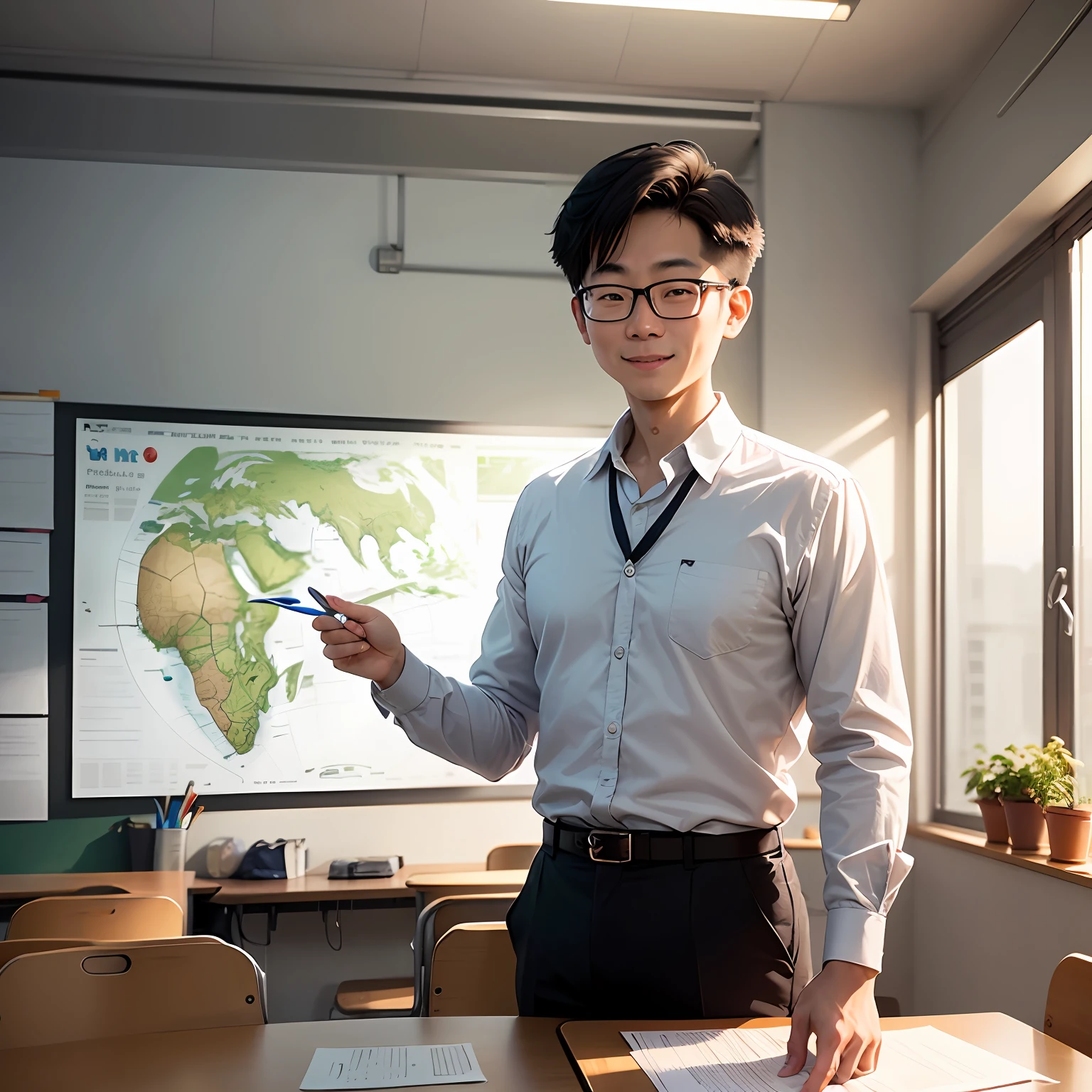 Teacher Wang is a moderate age, has a kind face, and always greets students with a smile. He has slightly gray hair, neatly combed, and a pair of small glasses, showing his profound knowledge and rigorous attitude.

Teacher Wang likes to wear neat and comfortable clothes, usually a simple shirt with a pair of well-fitting pants. He also wears a silver map pendant, a symbol of his love and commitment to the subject of geography.

Mr. Wang's classes are dynamic and interactive, and he is always enthusiastic about sharing geography knowledge with students. He is adept at using charts, maps, and multimedia materials to illustrate the planet's nooks and regions and rich geographical features.

He has a clear and fluent ability to translate abstract concepts into easy-to-understand language. He is good at using examples and cases suitable for students of all ages, using concrete examples to help students understand geographical theory and stimulate their interest in geography.

Teacher Wang pays great attention to cultivating students' thinking ability and geographical awareness. He often encourages students to participate in class discussions, group work and field trips, and has made great efforts to develop students' observational, analytical and problem-solving skills.

He is a teacher who is close to his students and cares about their development. In class, he often actively guides students to think and ask questions, patiently answers their questions, and builds positive teacher-student relationships with them. He also encourages students to explore the mysteries of the earth, sparking their passion and curiosity for the study of geography.

Teacher Wang is not only a teacher, but also a propagator and enlightener of geography. He is passionate and responsible, conveying the importance of geography and the relationship between people and the environment in the classroom. He is committed to nurturing students with a global perspective, environmental awareness and a sp