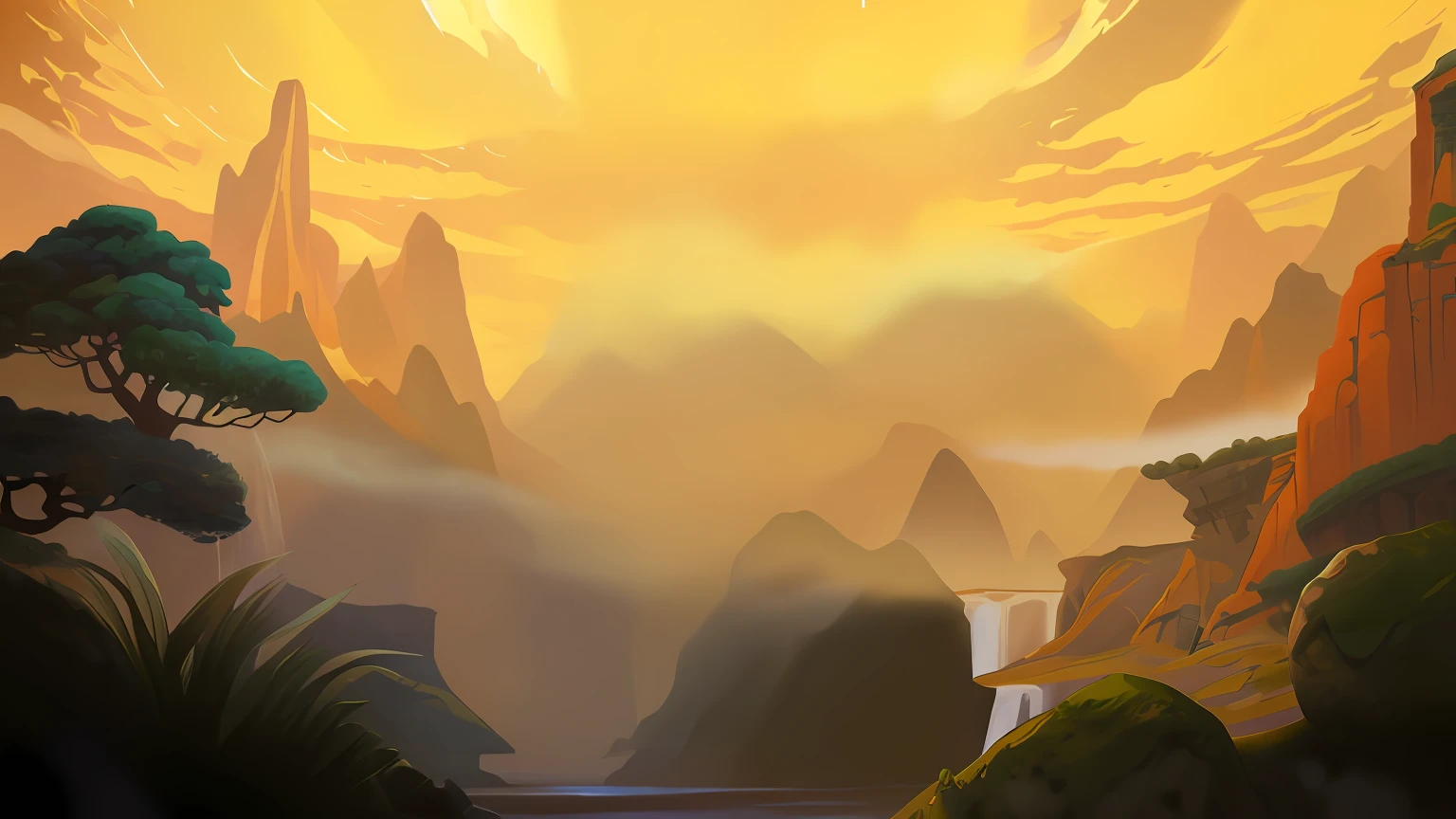 painting of a mountain landscape with a river and a waterfall, background art, golden hour background, background artwork, epic digital painting, splash screen art, an epic landscape, epic background, oil paint concept art, digital painting concept art, firey environment, game background, concept art. epic landscape, low detailed. digital painting, 8k resolution digital painting